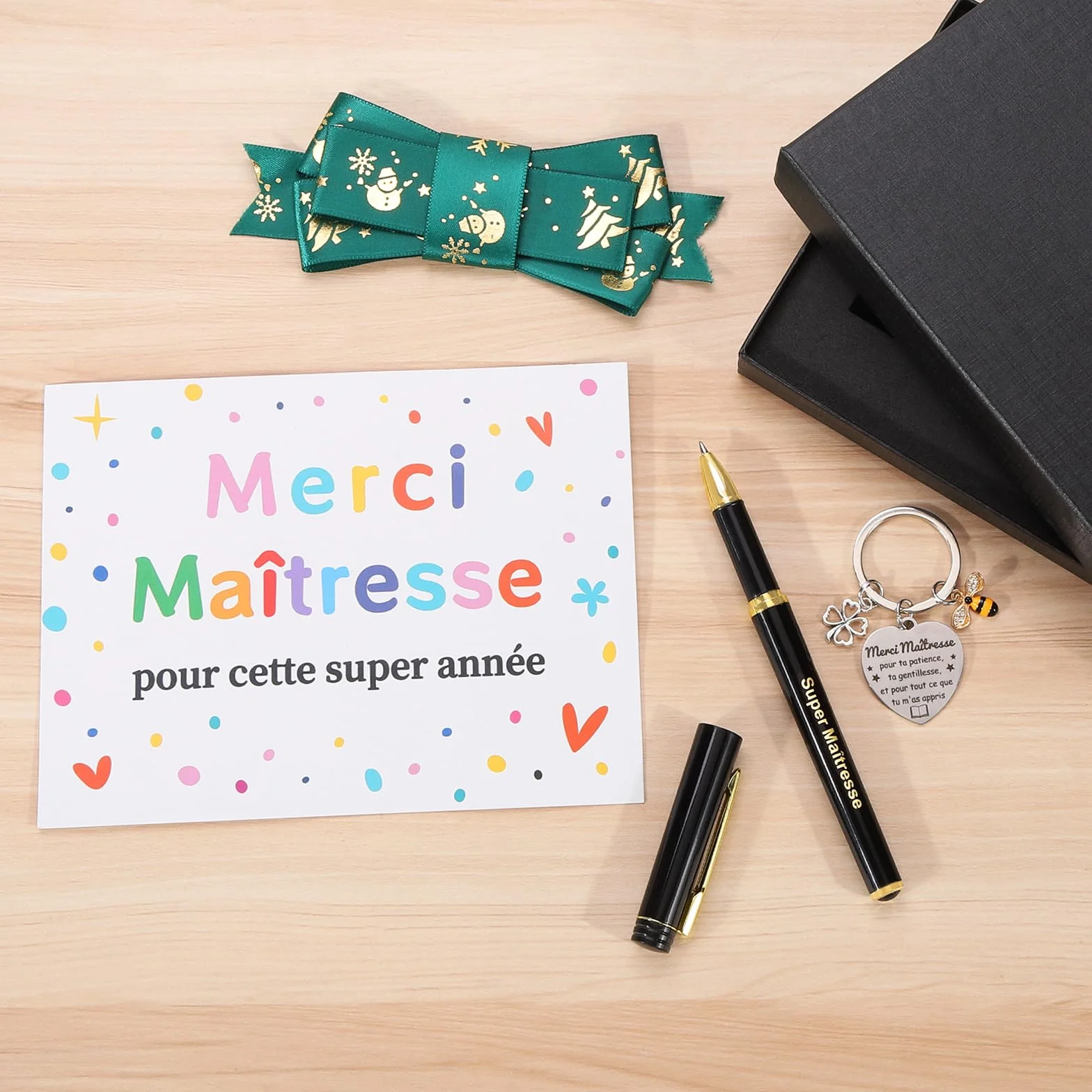 Echehi Cadeau Maitresse d'École Fin d'Année avec Porte-Clés Stylo Carte Merci
