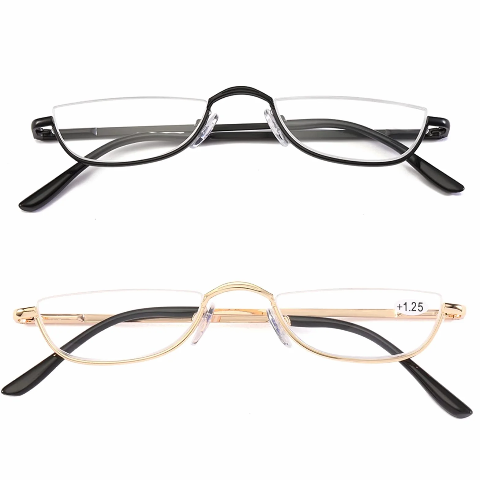 Lunettes de Vue Lecture Demi Lune KoKoBin 2 Paires Métal Charnières Ressort Femme Homme Noir Or Dioptres 2.5