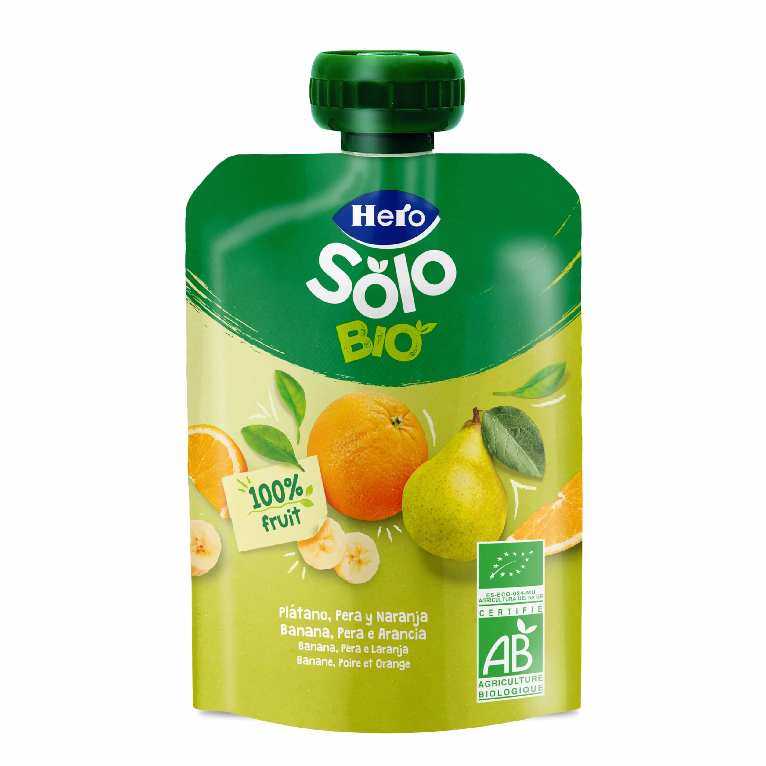 Hero Solo - Gourde Bio De Banane, Poire et Orange – Puree de Fruits BIO 100% Naturels, Compote Sans Sucre Ajouté, Sans Gluten - pour Bébés Dès 4 Mois - Lot de 18 X 100 g