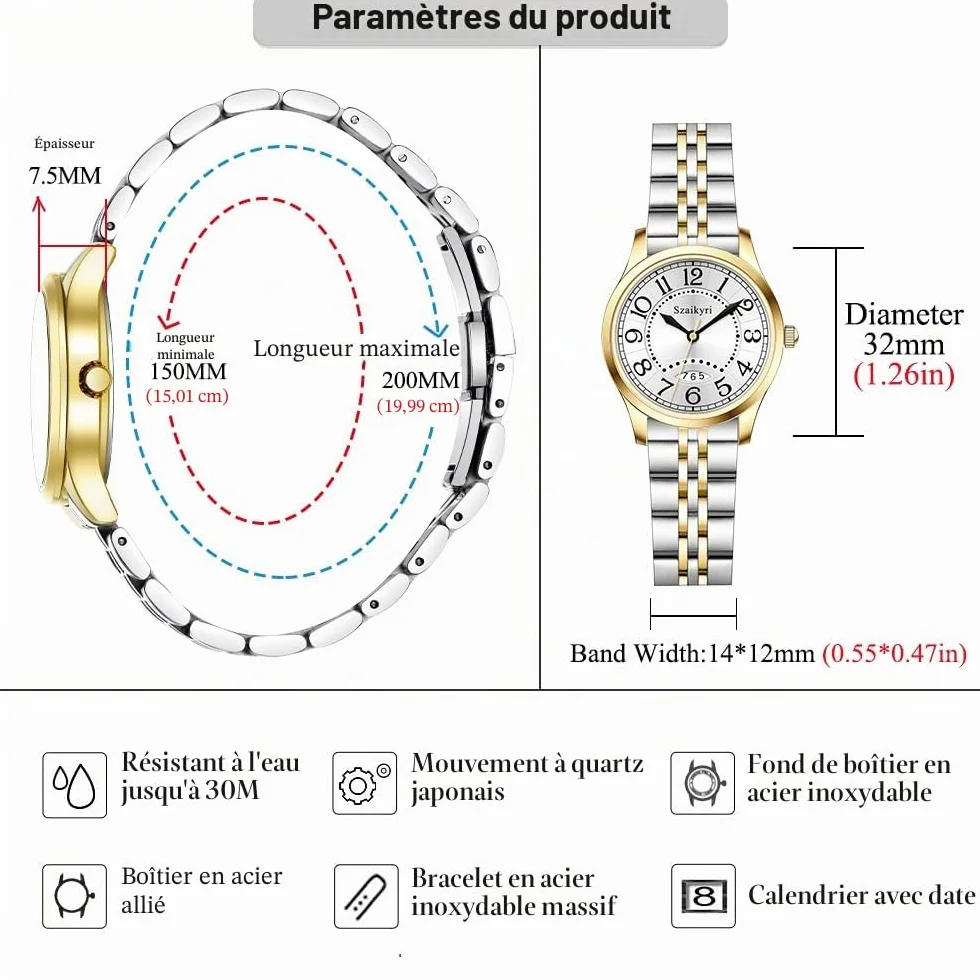 Montre Classique pour Femmes avec Chiffres Arabes Calendrier Résistant à l'Eau