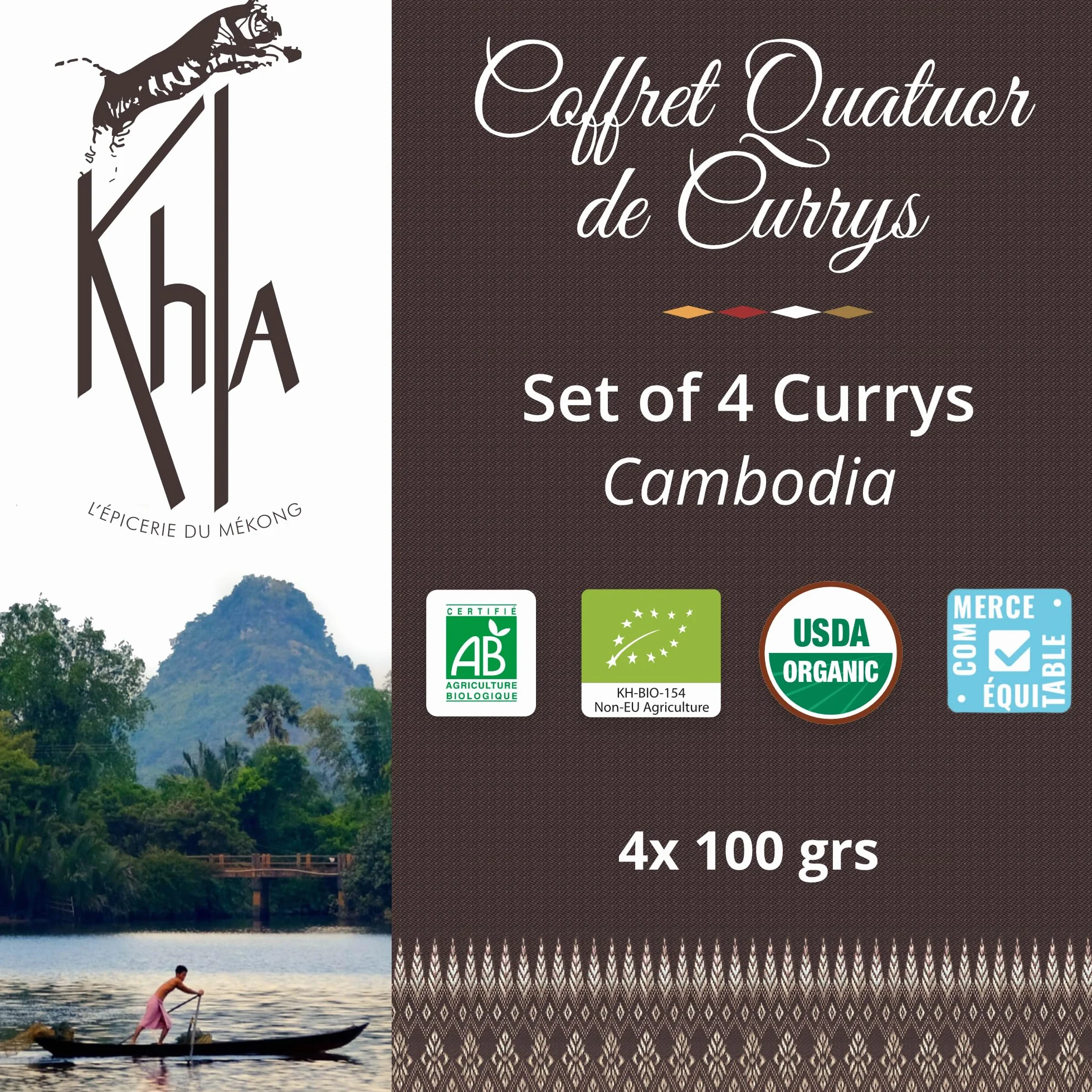 Khla - Coffret 4 Currys Bio - Curry Jaune, Curry Noir, Curry Rouge & Curry Vert Détox - Tubes Poudre 4x 100 g - Coffret Idée Cadeau - Mélanges Exclusifs Cuisine - Épice d’Asie - Origine Cambodge
