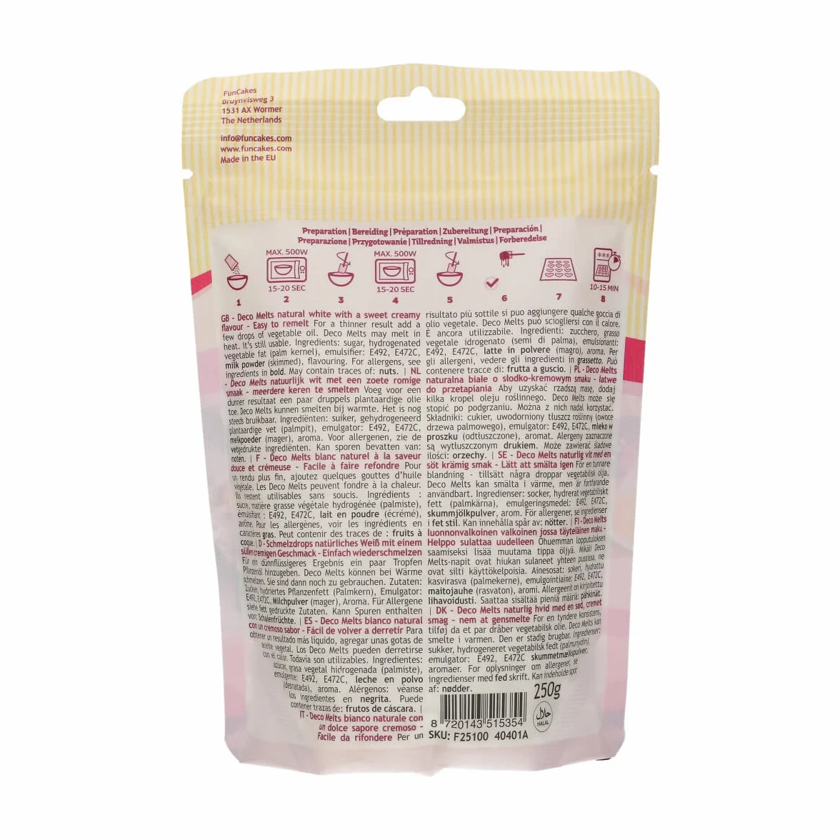 FunCakes Deco Melts Blanc Naturel - Trempez, coulez, arrosez et décorez, Faire fondre brièvement au micro-ondes ou au bain-marie , 250 g