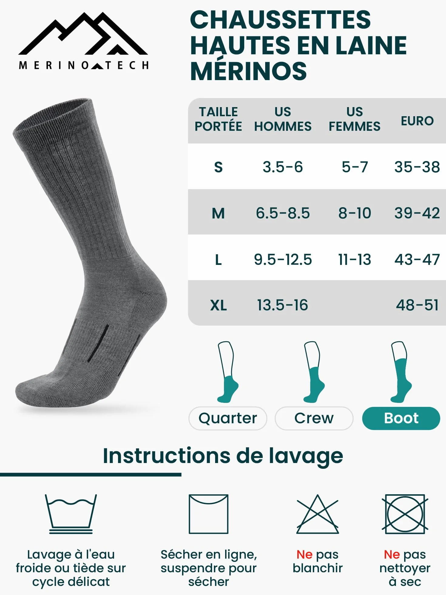 Merino.tech Chaussette Laine Merinos Randonnée Style D'équipage