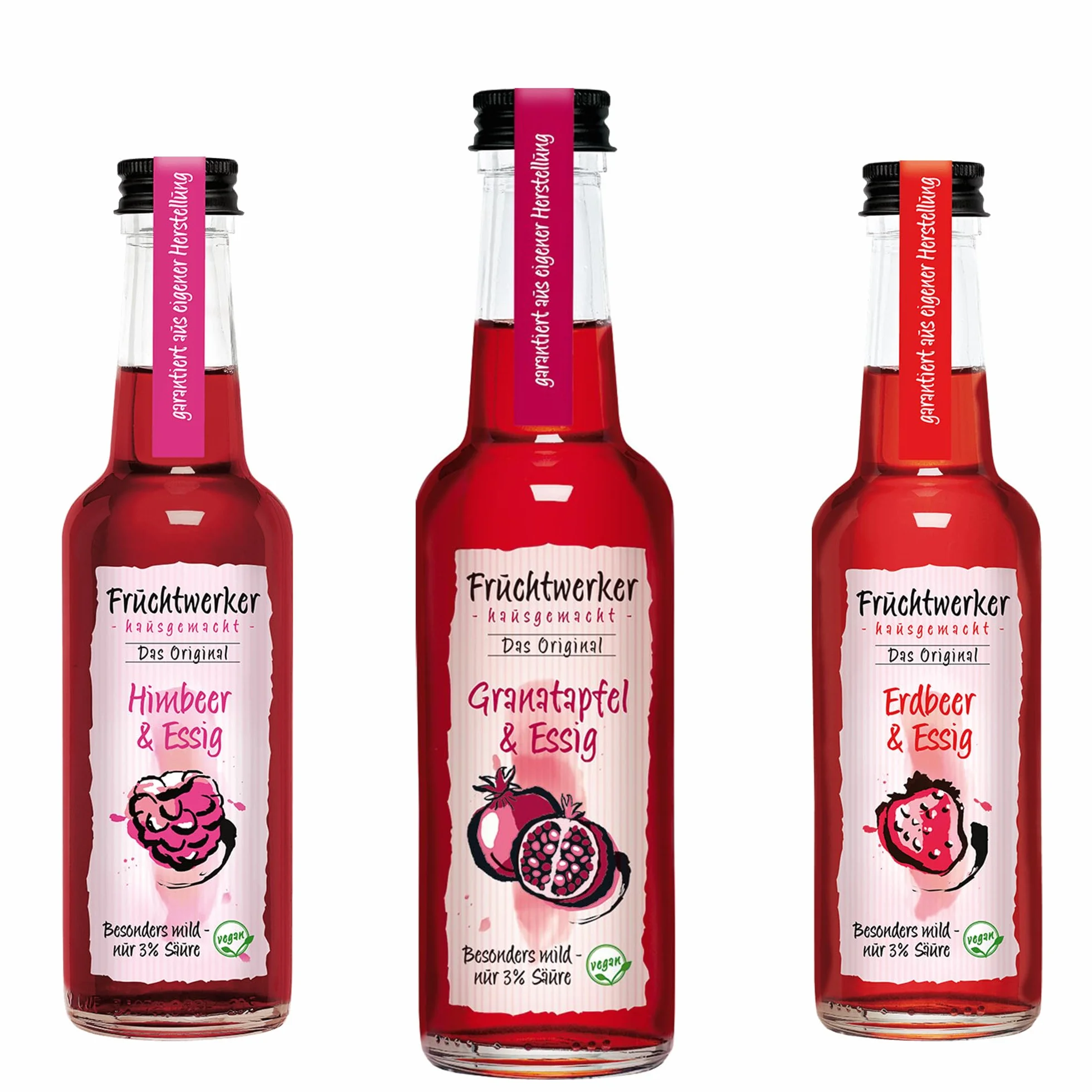 Fruchtwerker Set vinaigre et grenade I Différentes variétés I Fruité I Vinaigre de fruits I Set vinaigre I Pure végétale I Doux I Dans des bouteilles en verre (grenade + framboise + fraise)