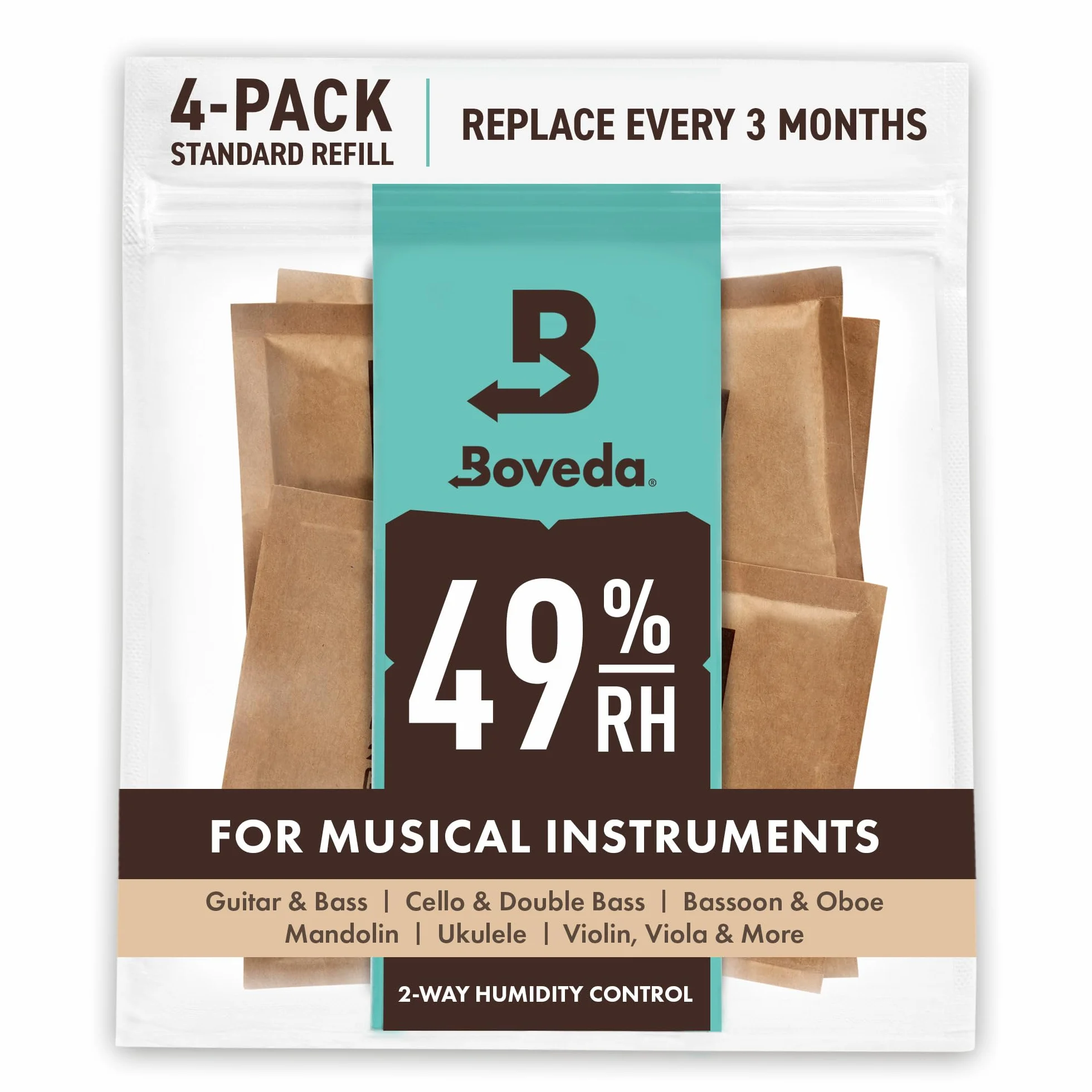 Boveda 49% Two-Way Humidity Control Packs for Music Instruments – 4 Pack – Standard Size – Prevents Warping & Cracking for Wooden Instruments– Humidifier Packs for Instrument Cases – Resealable Bag
