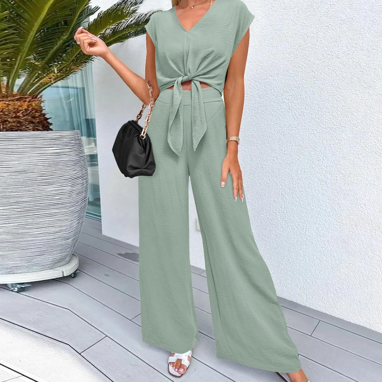 Amropi Ensemble Femme Loungewear Set Col en V Manches Courtes Pantalon Large
