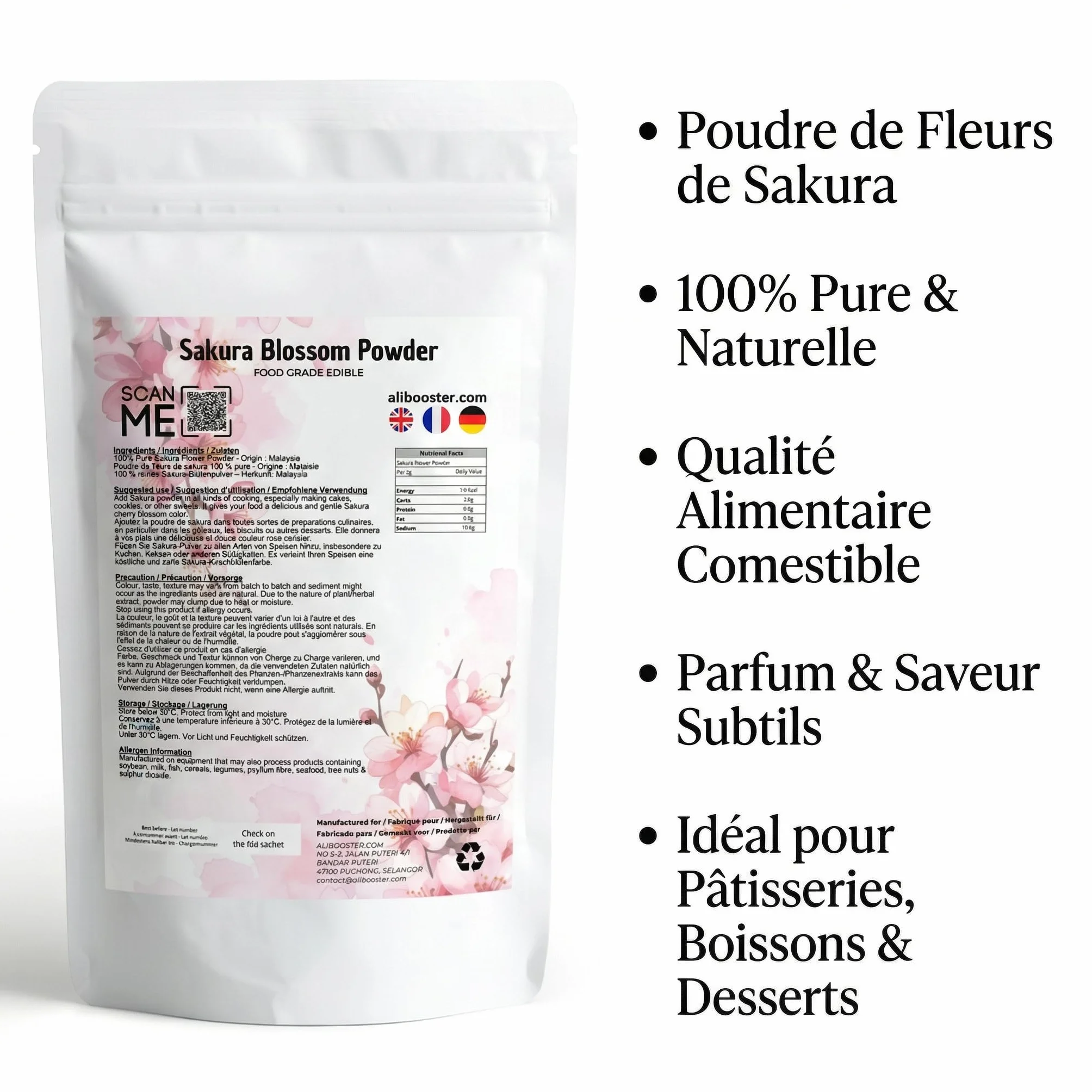 Poudre de Sakura Blossom 250 g - Fleur de Cerisier en Poudre - Qualité Alimentaire - Ingrédient Naturel pour Pâtisserie, Boissons et Desserts Japonais