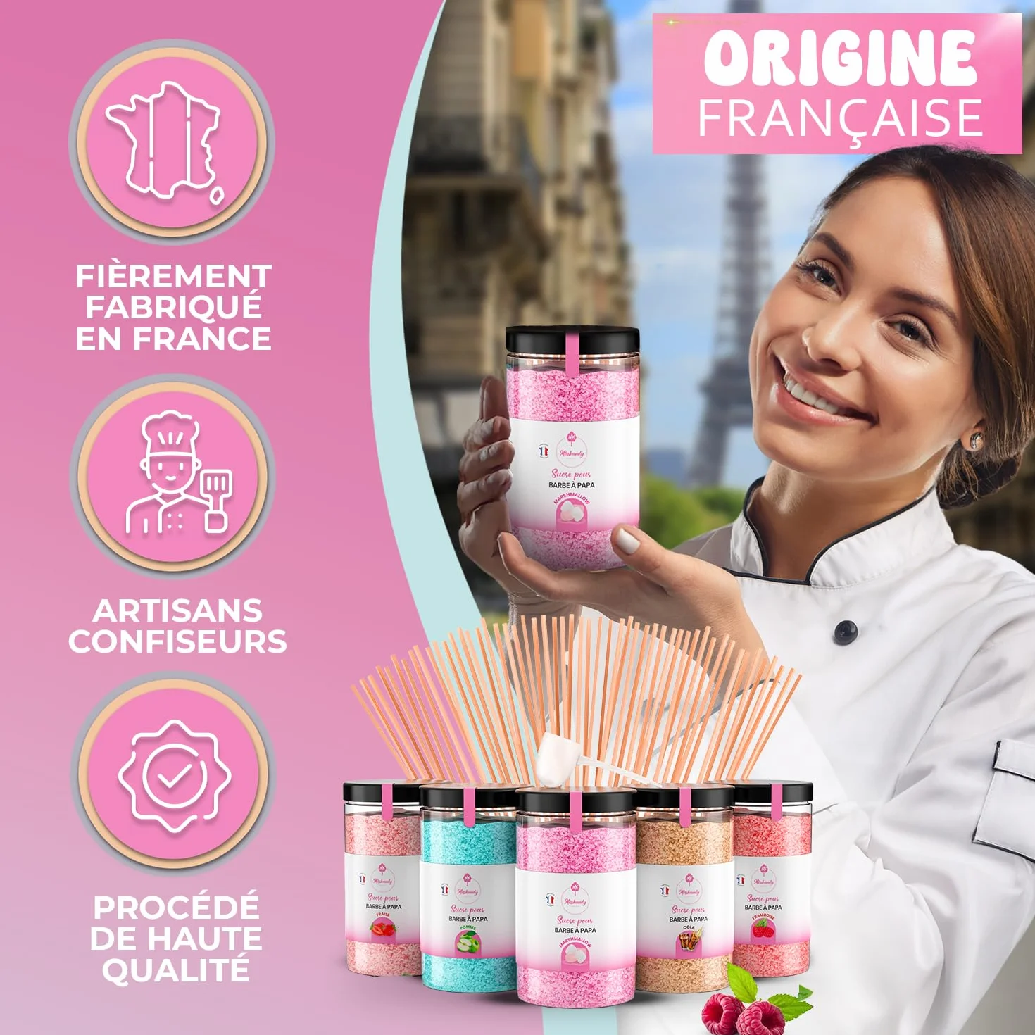 Misskandy® sucre barbe à papa pour machine- Lot de (5 * 300Gr) - (Arômes Naturels): Goûts: Fraise/Pomme/Marshmallow/Cola/Framboise/poudre barbapapa+ 50 bâtonnets (offerts)/ Fabriqué en France