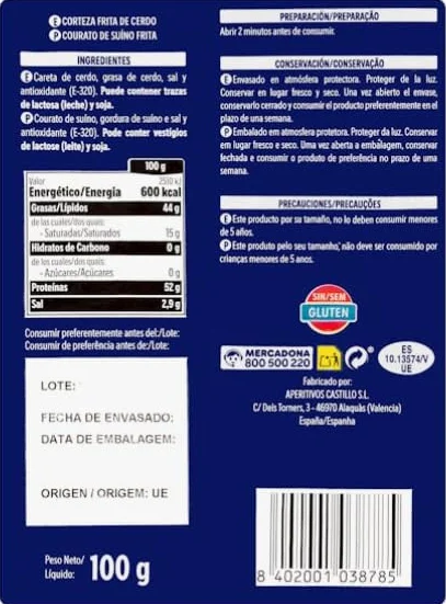 Hacendado Griaudes de Porc, Collation Croustillante, Couenne de Porc Frite, 100g, Sans Gluten PACK 6