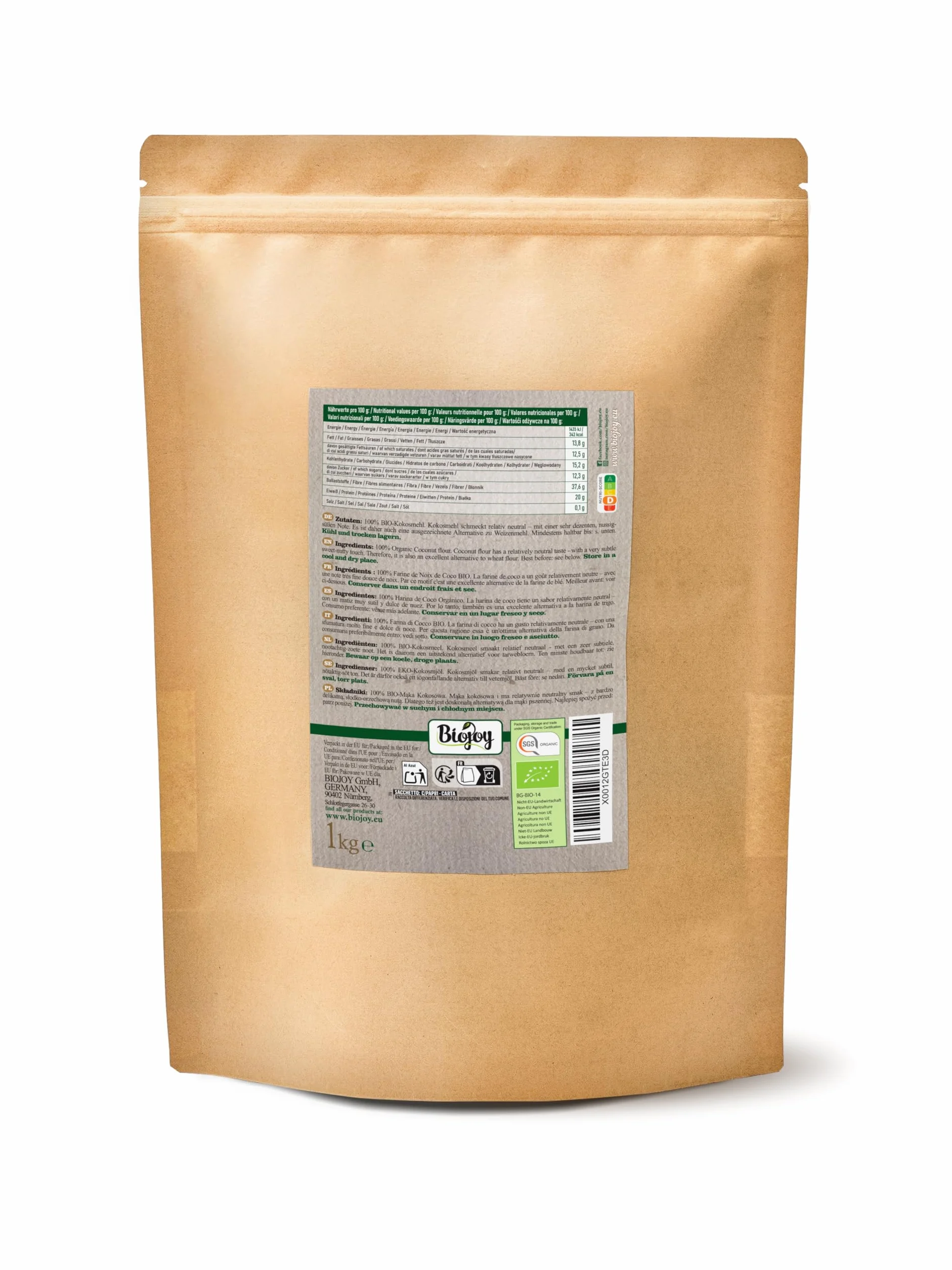 Biojoy Farine de coco BIO (1 kg), partiellement déshuilée et sans sucre ajouté