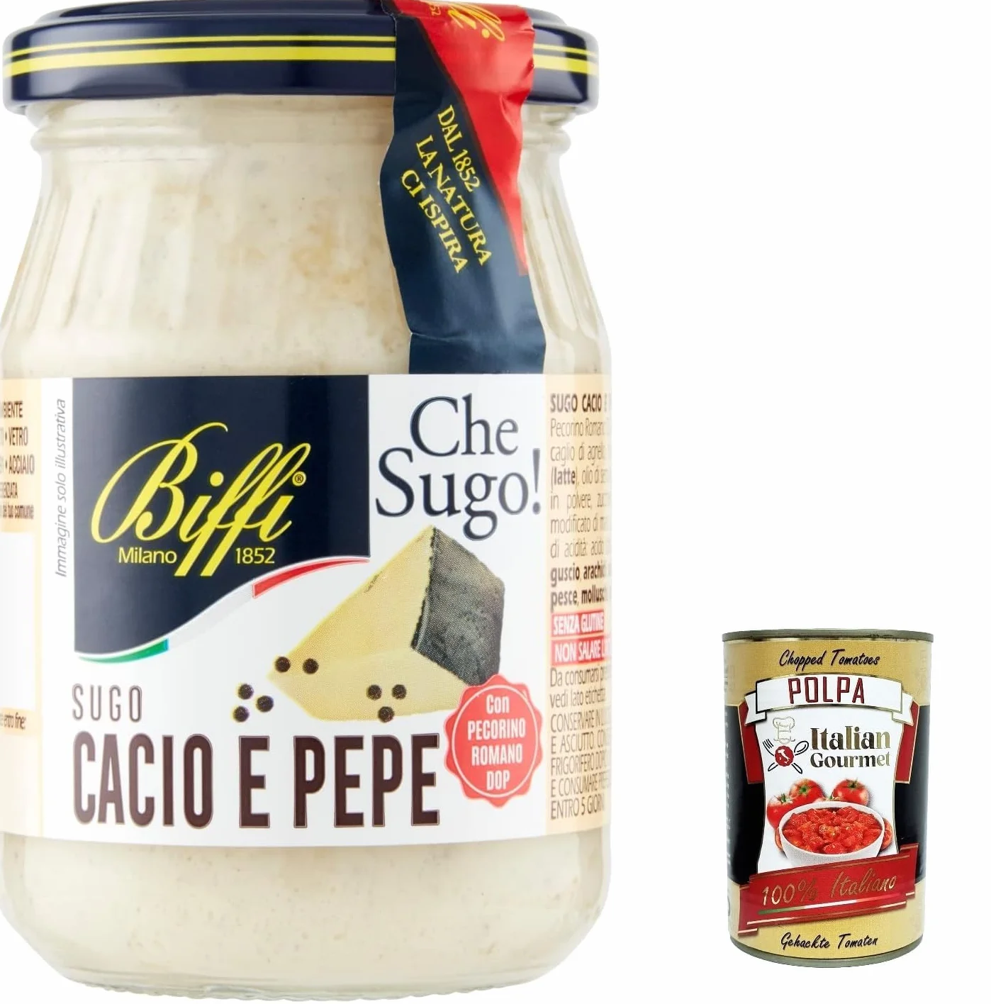 Italian Gourmet Bundle 3 x Biffi Che Sugo Cacio e Pepe 190 g, sauce crémeuse au Pecorino Romano DOP et poivre noir, sauce pour pâtes sans gluten, spécialité italienne + Italian Gourmet Polpa