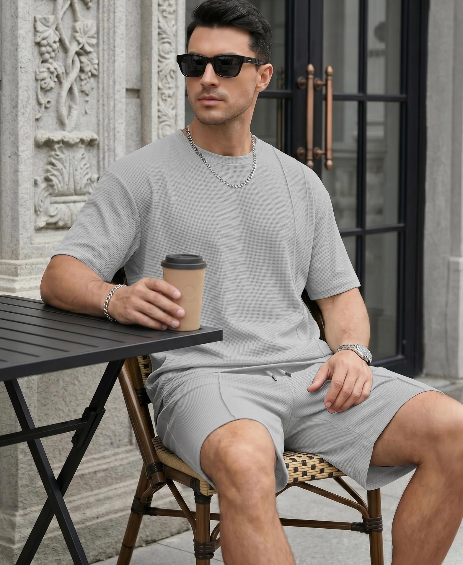 Survêtement Homme Sport Ensemble Tshirt Manches Courtes Short avec Poches