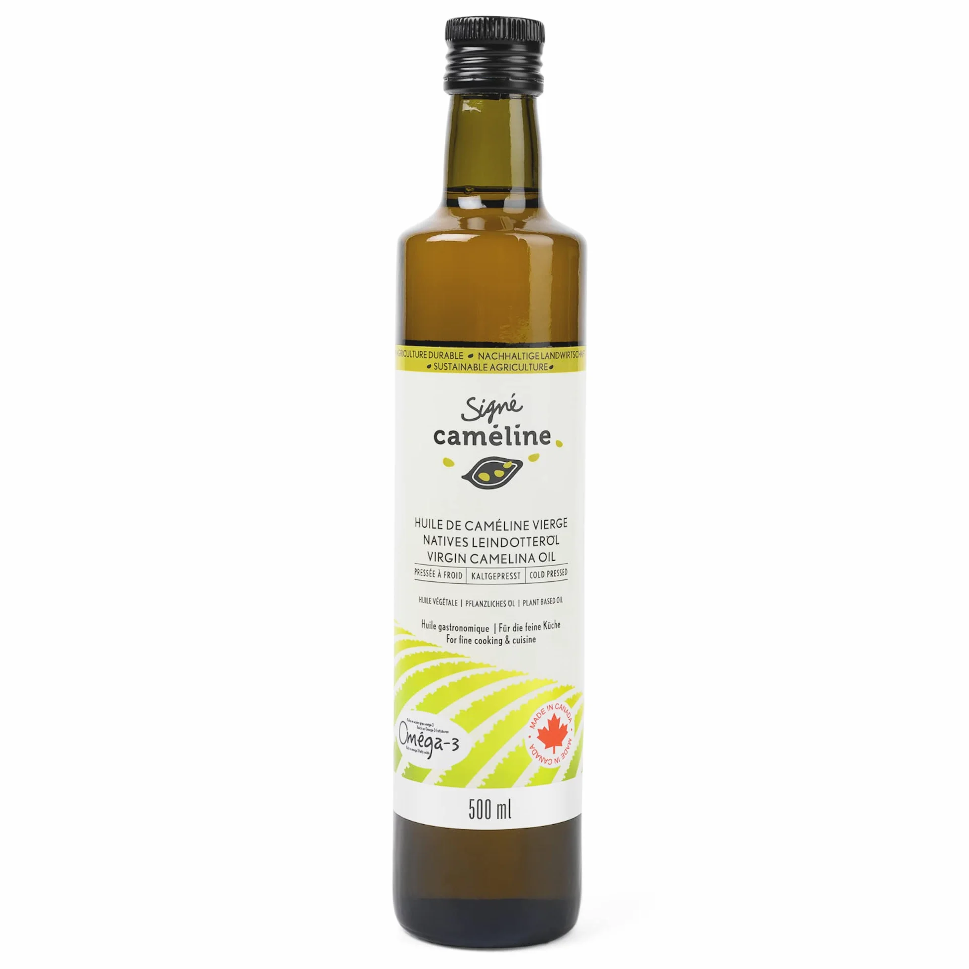 Signé Caméline. Huile de caméline vierge. 500ml. Pressée à froid. Huile de finition et de cuisson. Élevée en Omega-3. Point de fumée 246°C/475°F. Substitut à l'huile d'olive. Produit au Canada.