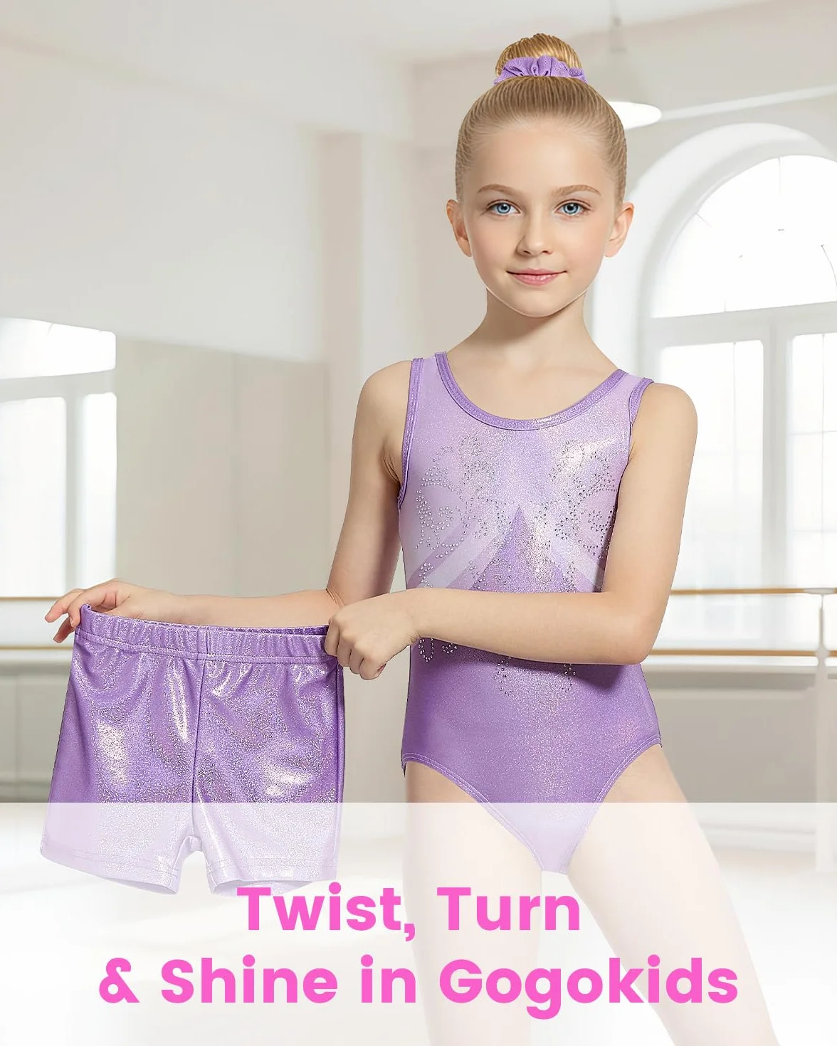 Gogokids Ensemble de Gymnastique Sans Manches 3 Pièces pour Filles avec Short Strass Design Croisé, Tenues Scintillantes Ballet 3-12 Ans