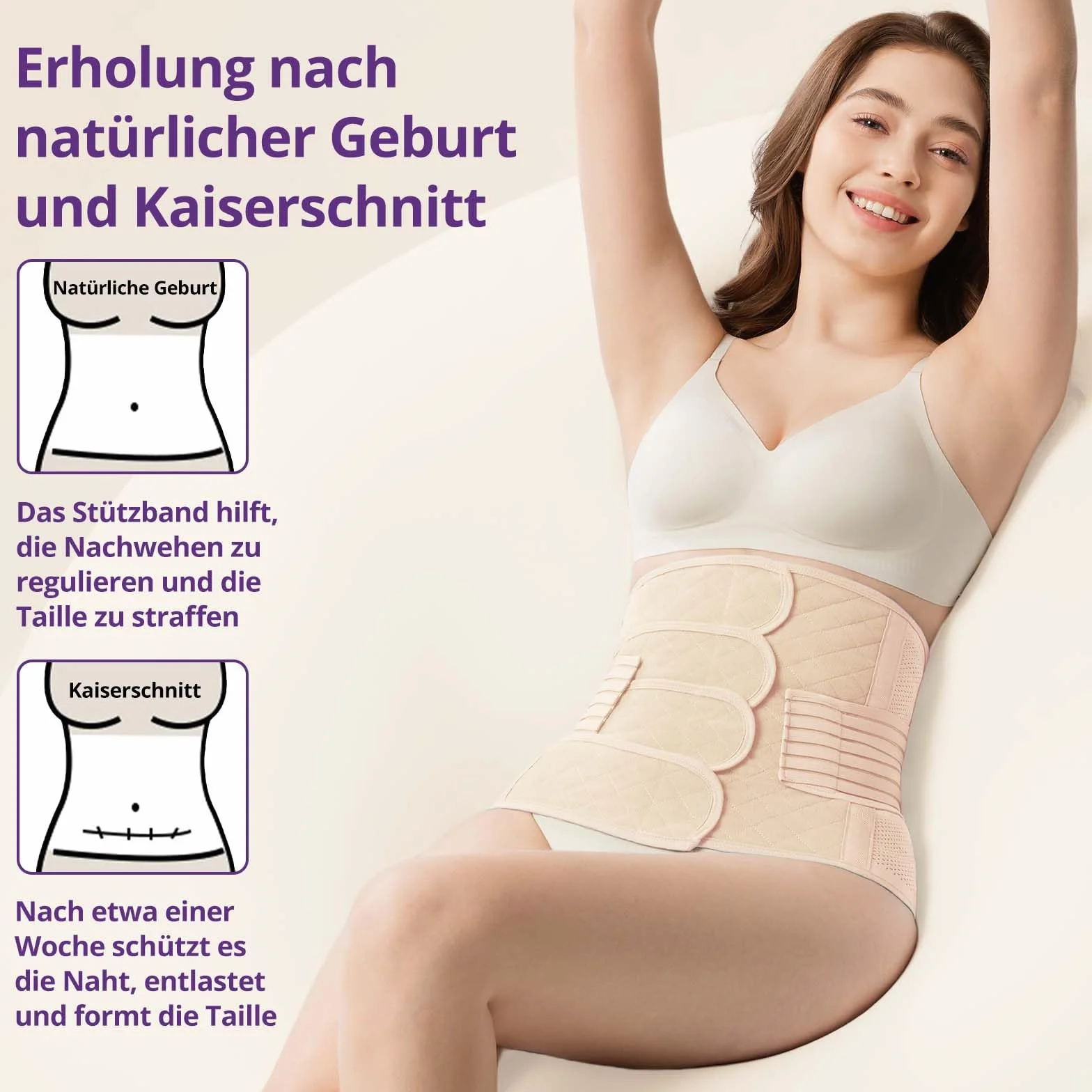 Ceinture de Grossesse Post-Partum avec Bande Pelvienne Ventre Plat Soutien Abdominal Réglable Accouchement Voie Basse Césarienne Beige XXL 70KG-80KG