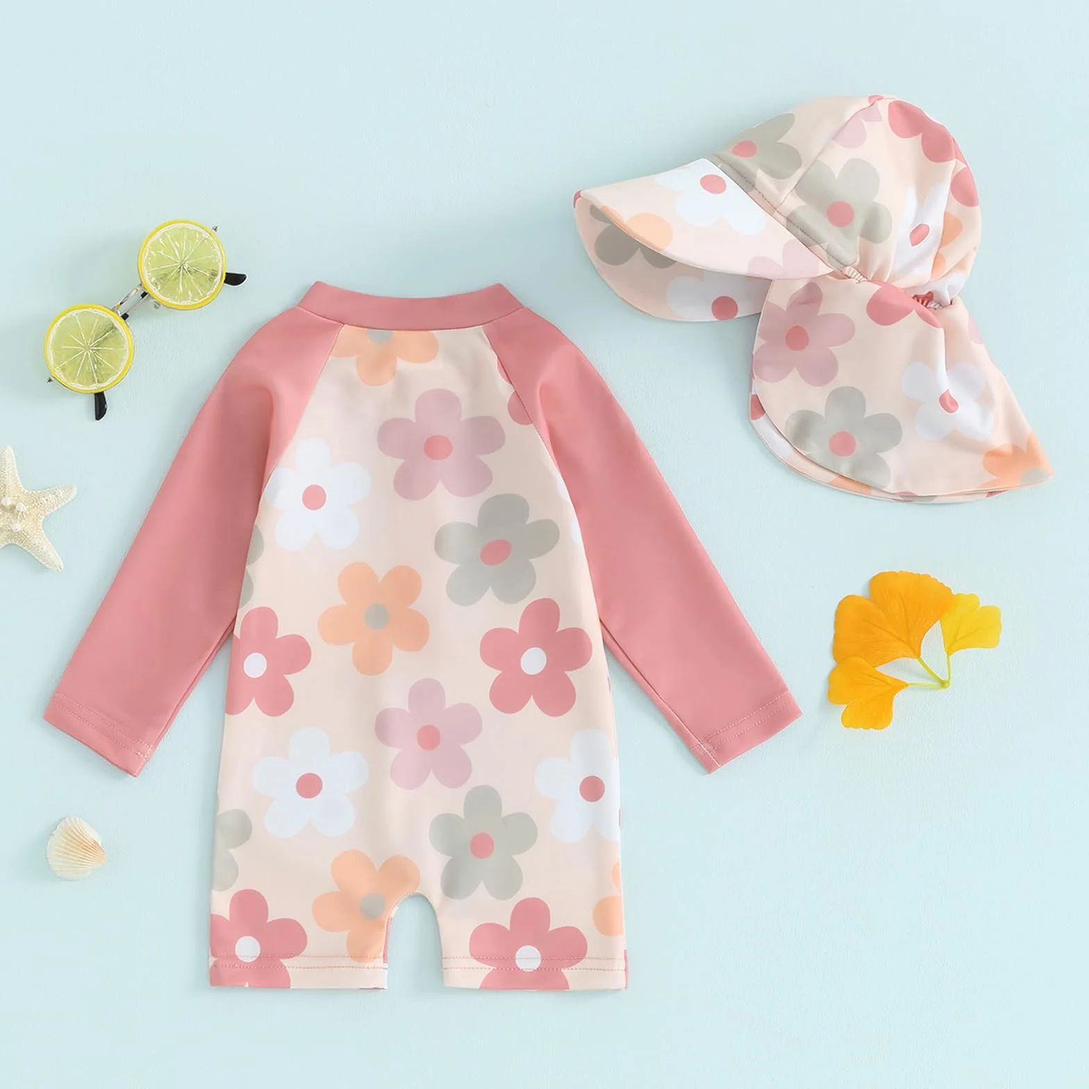 Carolilly Maillot de Bain Une Pièce Enfant Bébé Fille Zippé Anti-UV avec Chapeau Rose Fleurs 3-6 Mois
