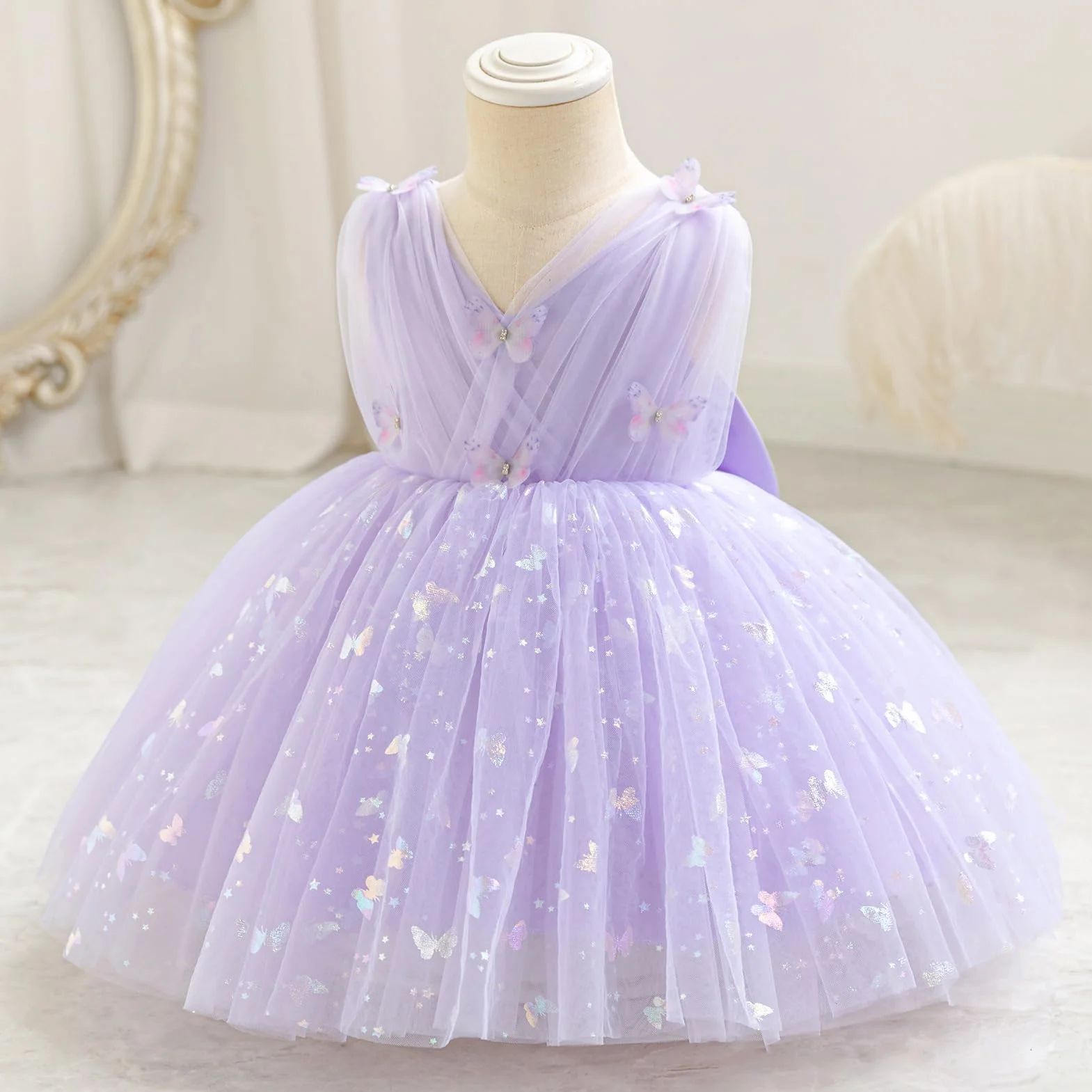 IDOPIP Bébé Fille sans Manches V-Neck Tulle Tutu Robe Princesse Fleur Anniversaire Célébration Robe De Bal