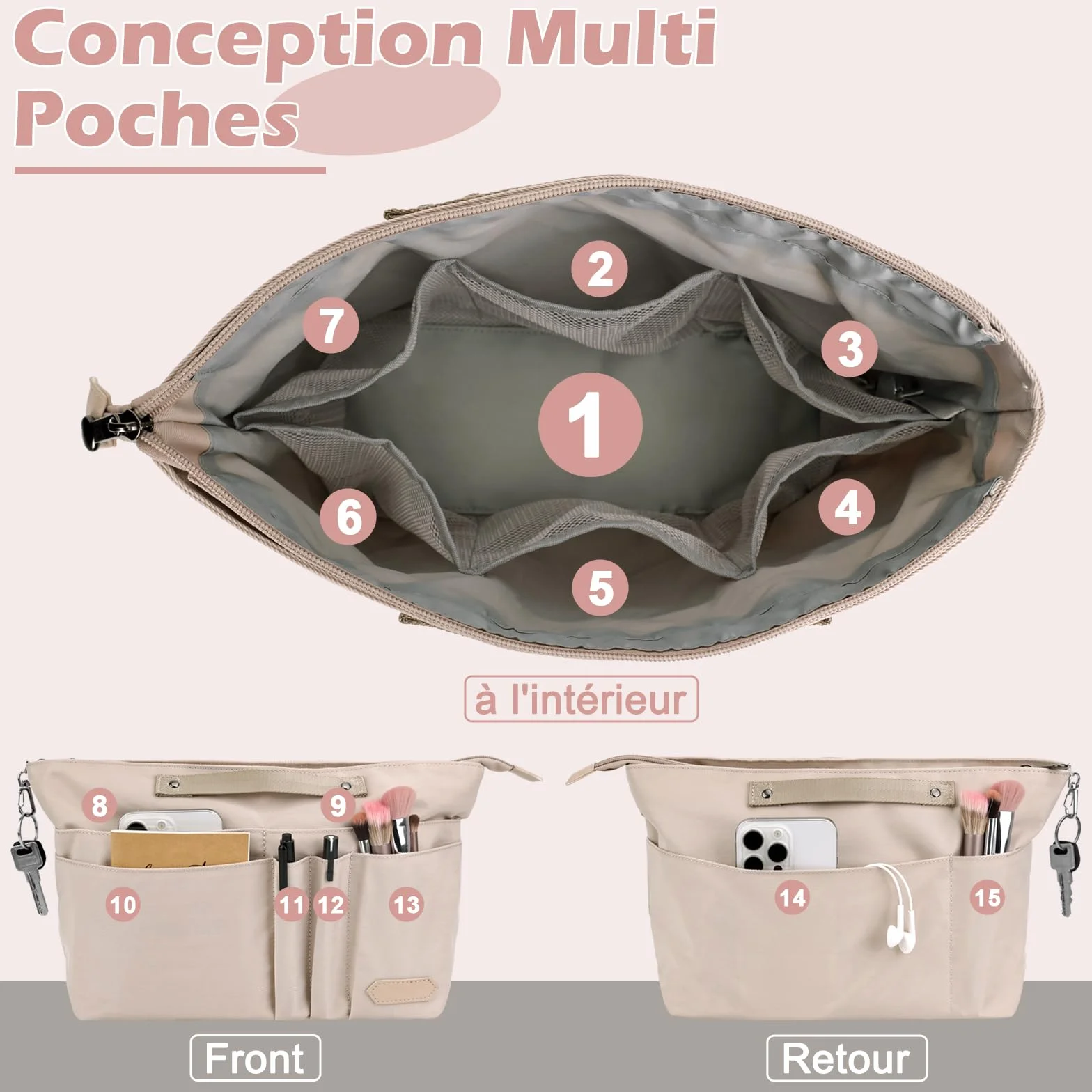 GADITIEK Organisateur Sac à Main Polyester avec Fermeture Multi Poches pour Longchamp Sac Pliage Femmes Beige L