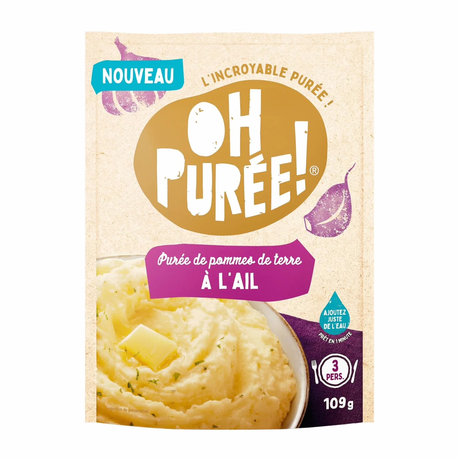 OH PUREE! Carton de 12 sachets de 109g saveur AIL- Une purée prête en 1 minute en ajoutant juste de l'eau !