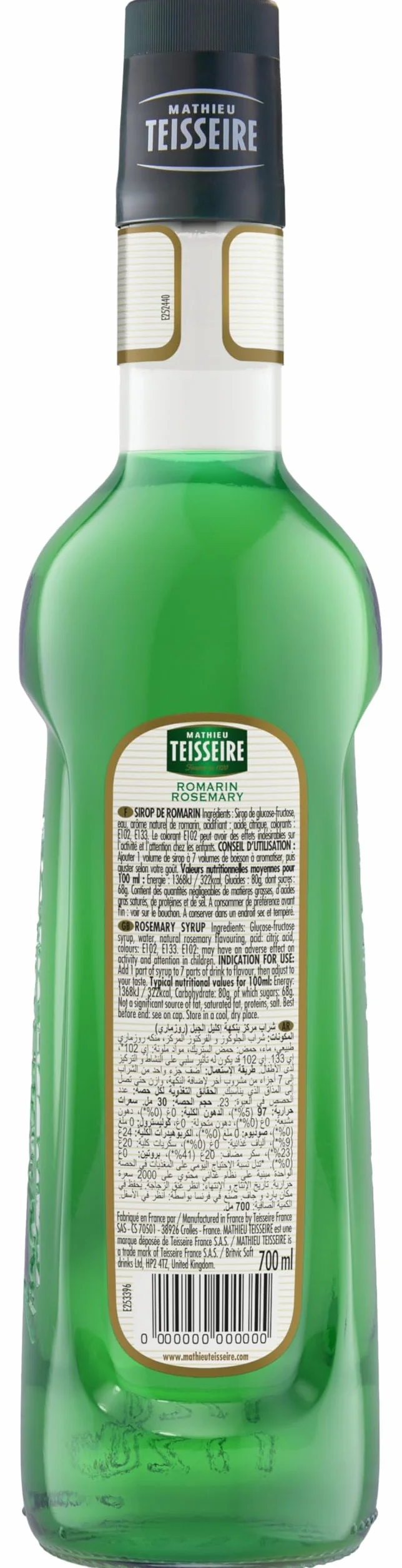 Sirop de Romarin Mathieu Teisseire, pour boissons, cocktails avec ou sans alcool, boissons gazeuses, thés, bouteille de 70cl