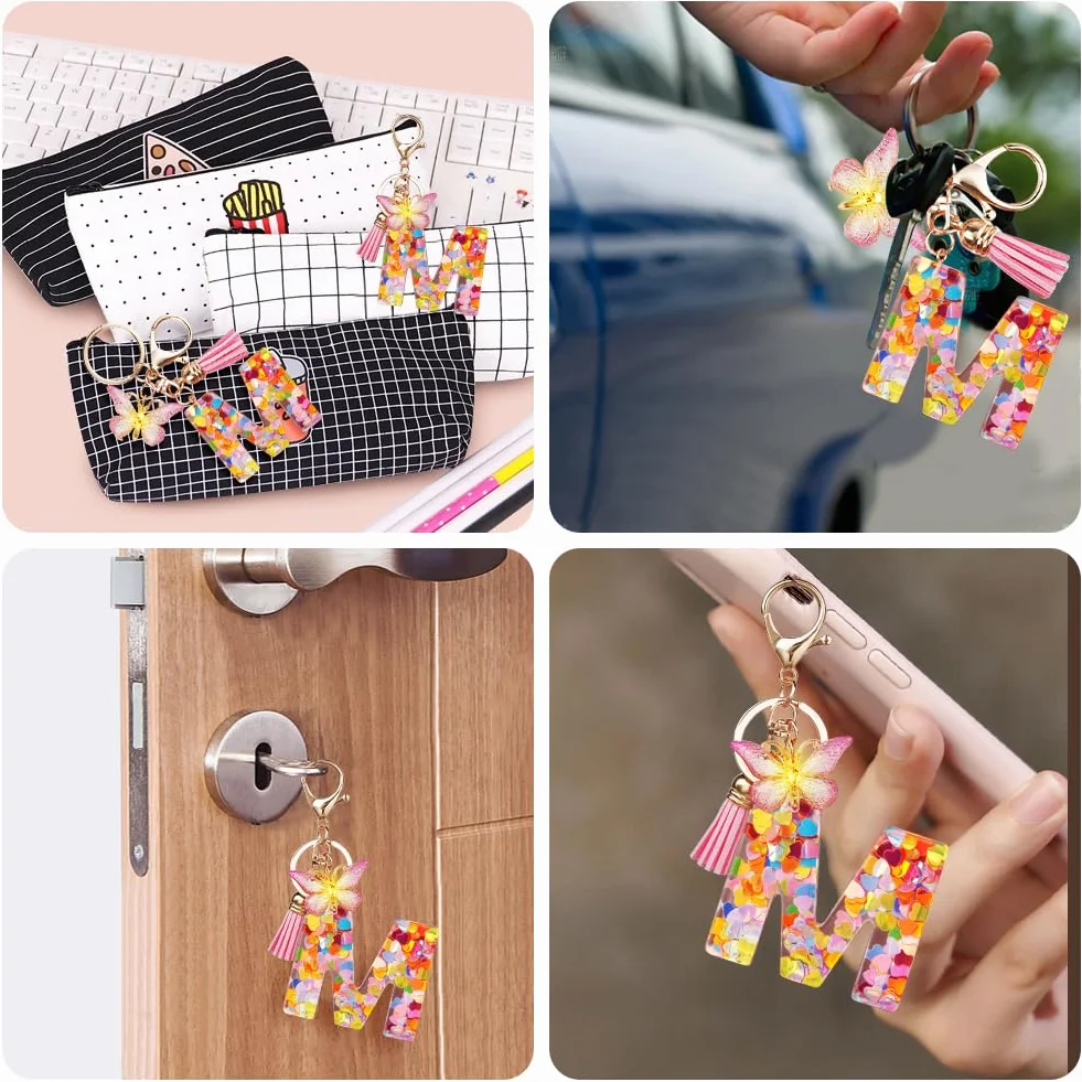 Porte-clés avec Initiales en Résine pour Filles et Femmes, Pendentif Papillon et Pampille