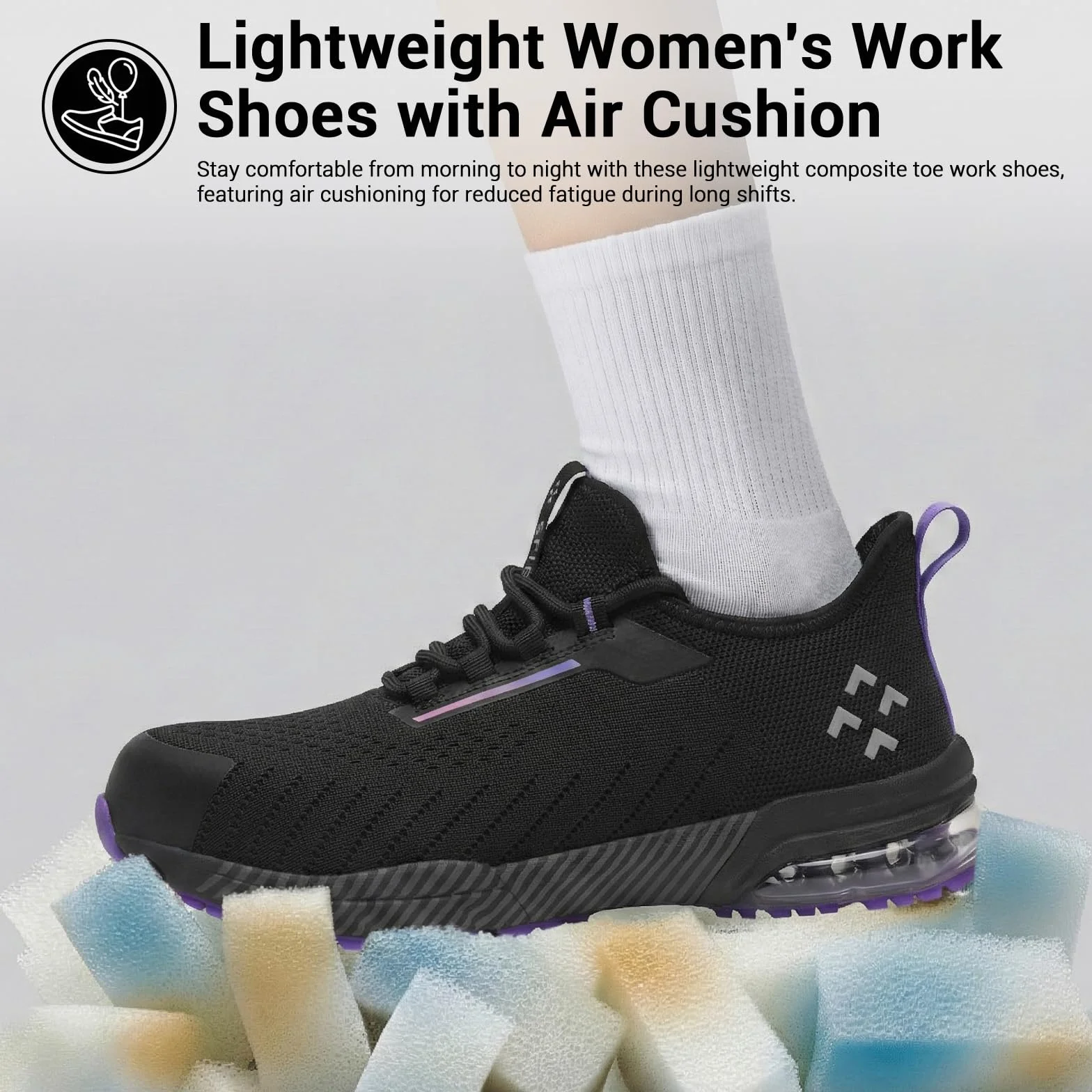 Chaussures Sécurité Femme Air Cushion Escarpins Travail Slip-on Embout Composite Noir-Violet EU 35-41