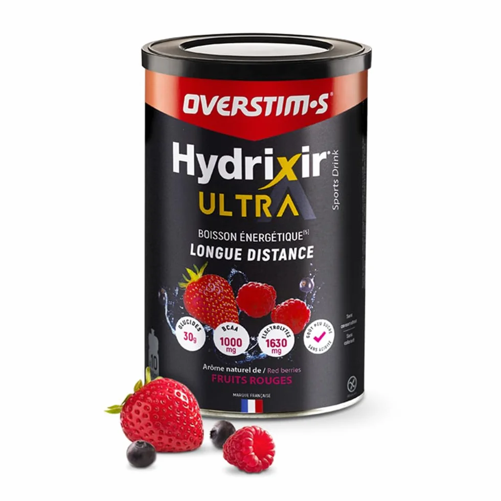 Overstim.s - Boisson énergétique Hydrixir Ultra (400g) - 3 sources de glucides - 4 électrolytes - 6 vitamines - BCAA + Glutamine - Bicarbonate de sodium - Saveur peu sucrée - Fruits rouges