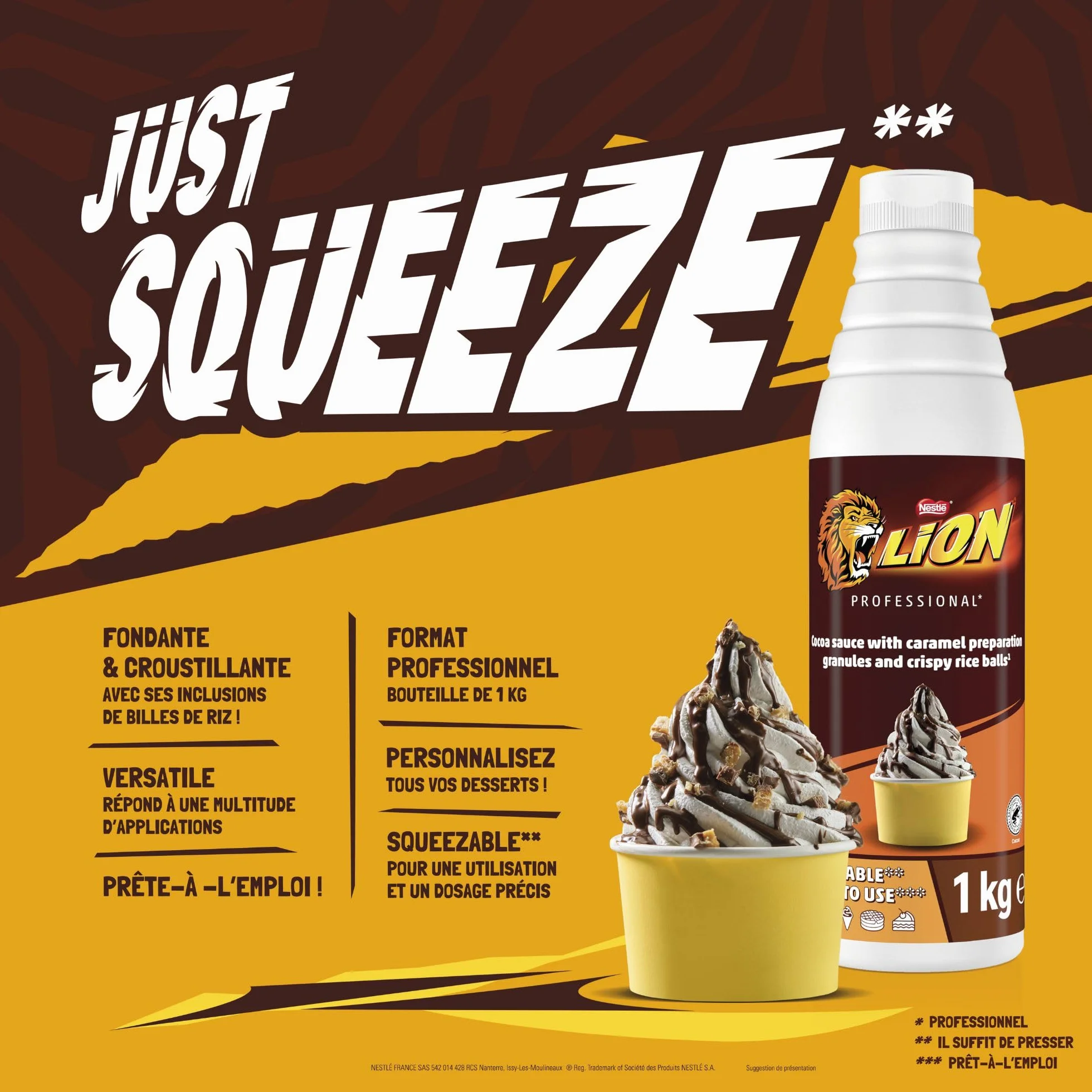 LION Sauce Cacao aux Eclats de Caramel et Billes de Riz Croustillantes - Prêt-à-l'Emploi - Topping, Nappage, Idéal pour les Desserts et Décorations - Bouteille Squeeze 1kg