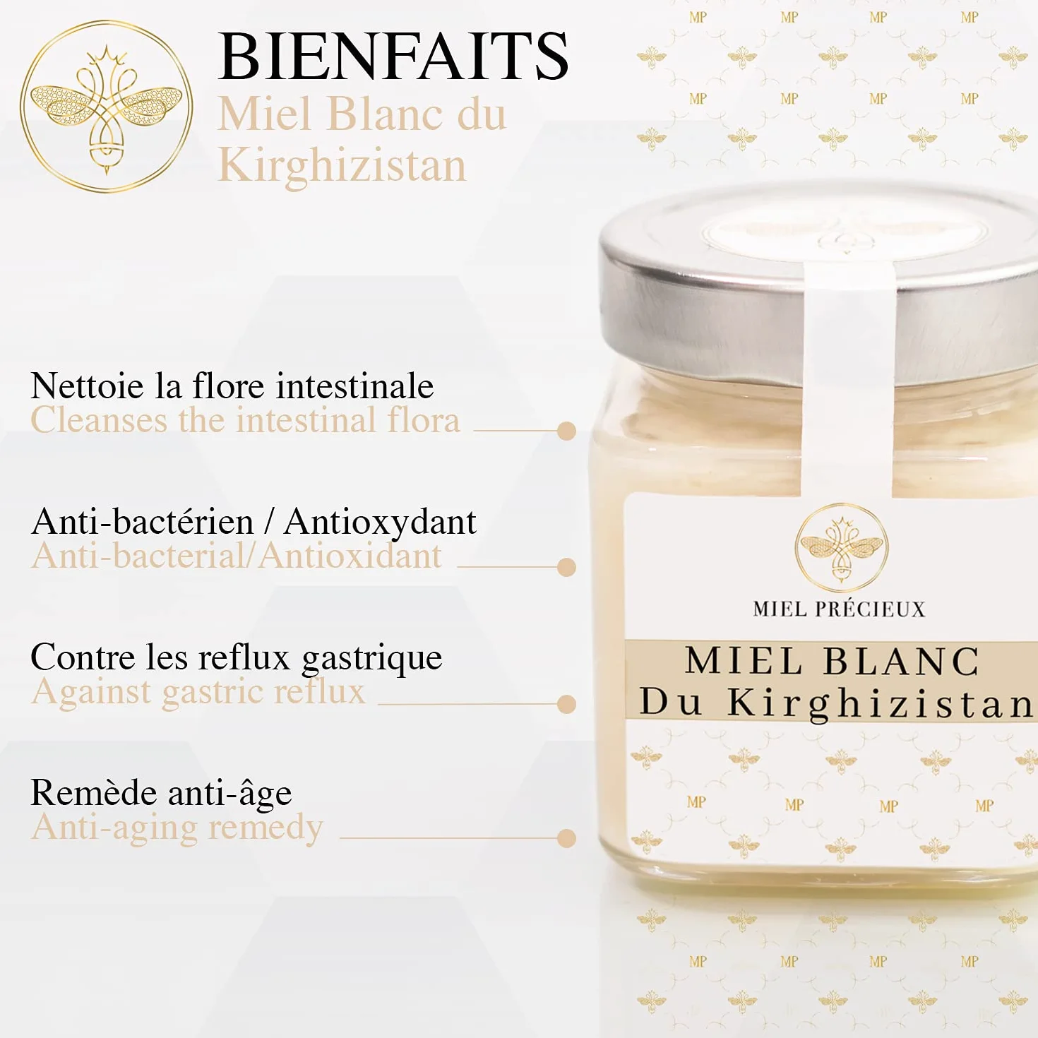 Miel Blanca de Kirguistán | Miel Cremosa Untable de Esparceta | No Pasteurizada 100% Pura | Color Marfil | Tarro Cristal 250g | Miel Précieux