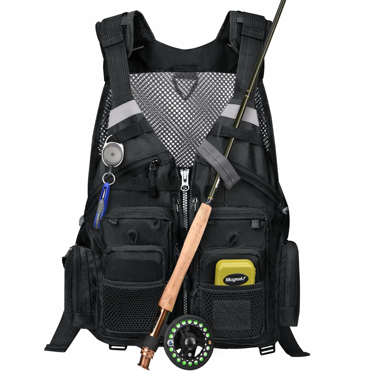 Gonex Gilet de Pêche à La Mouche pour Hommes et Femmes, Réglable avec Poches et Bandes Réfléchissantes