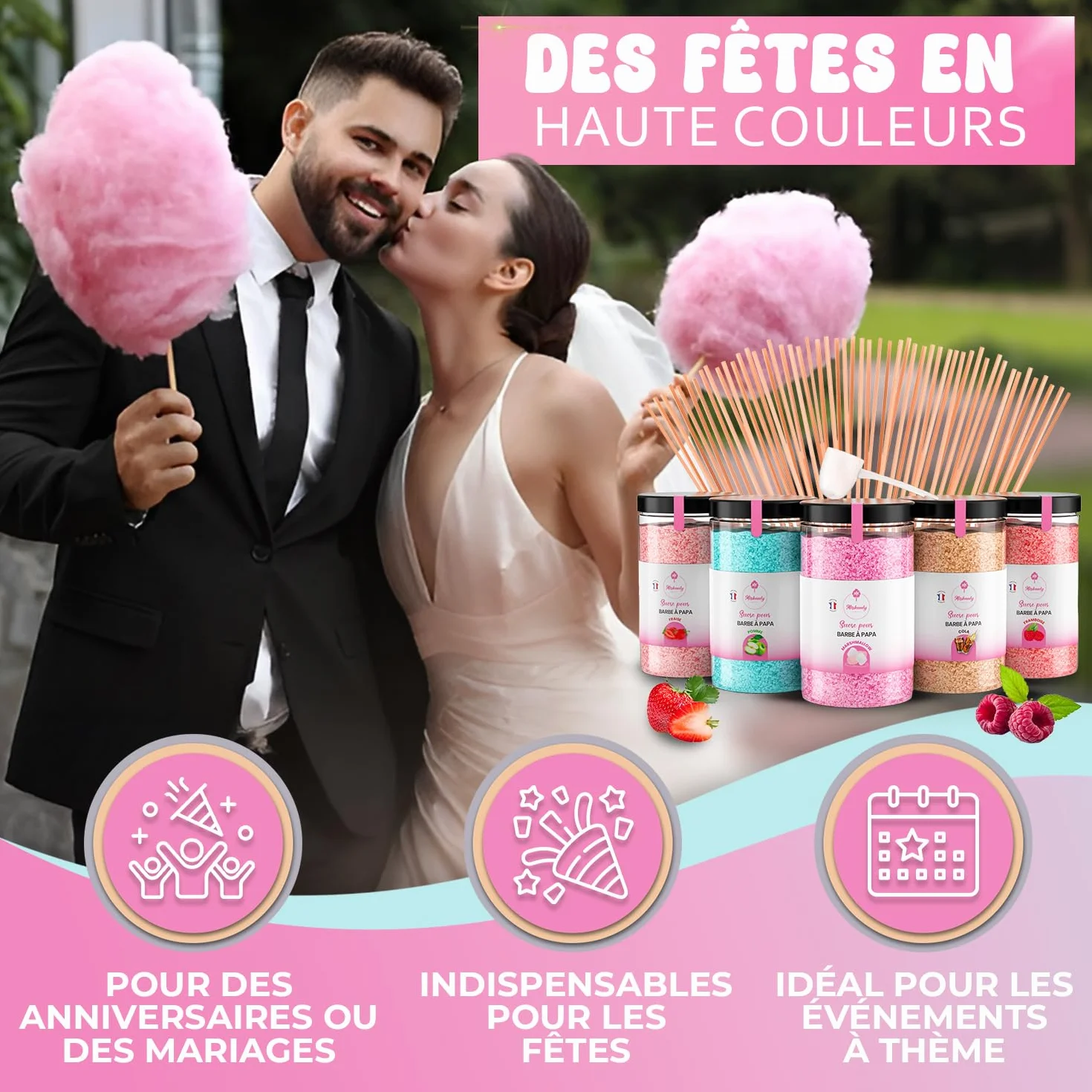 Misskandy® sucre barbe à papa pour machine- Lot de (5 * 300Gr) - (Arômes Naturels): Goûts: Fraise/Pomme/Marshmallow/Cola/Framboise/poudre barbapapa+ 50 bâtonnets (offerts)/ Fabriqué en France