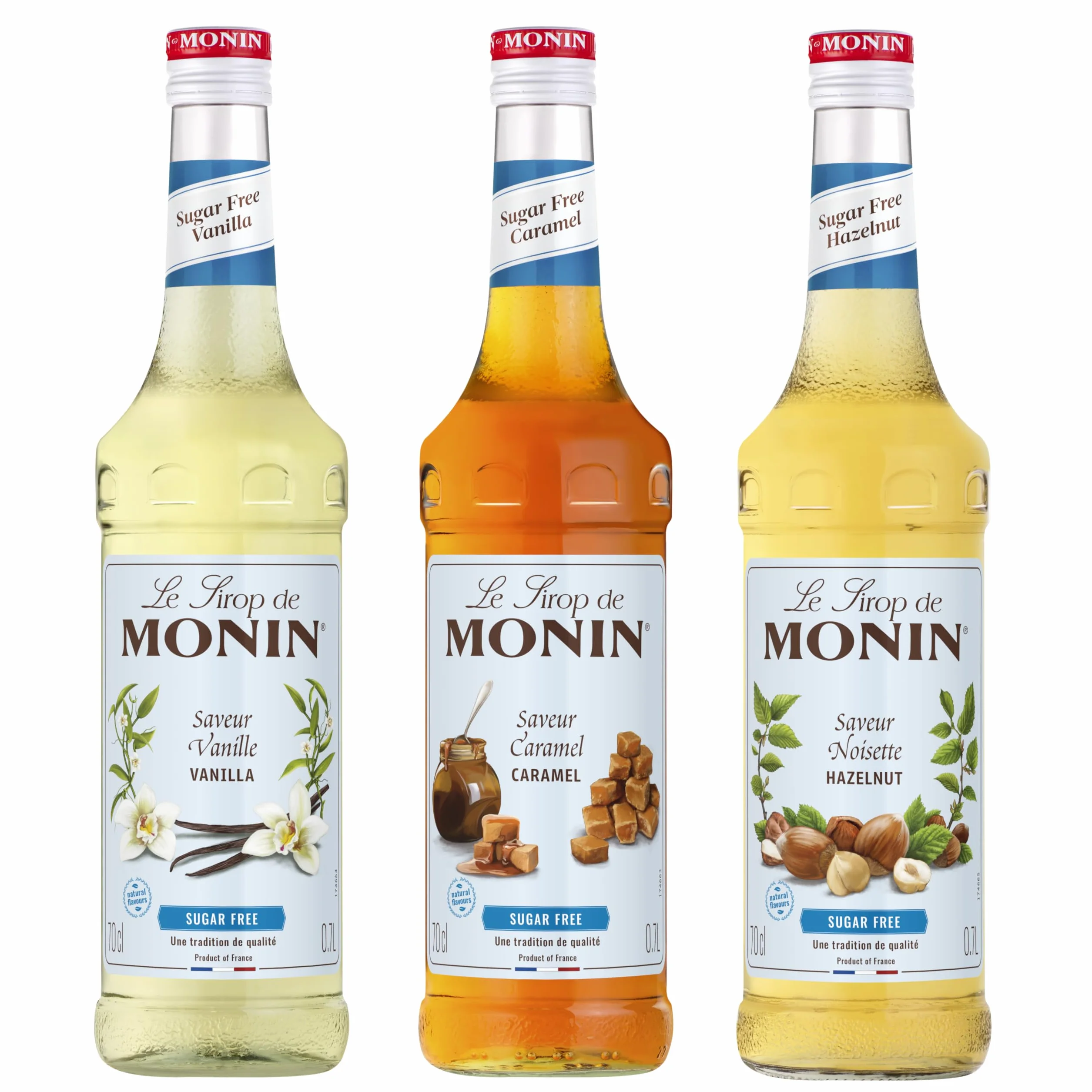 MONIN - Assortiment MONIN Sans Sucre Saveurs Vanille, Caramel, Noisette - Pour Café, Chocolat Chaud, Capuccino ou Latte - Arômes Naturels - Bouteille en Verre - 3 x 70 cl