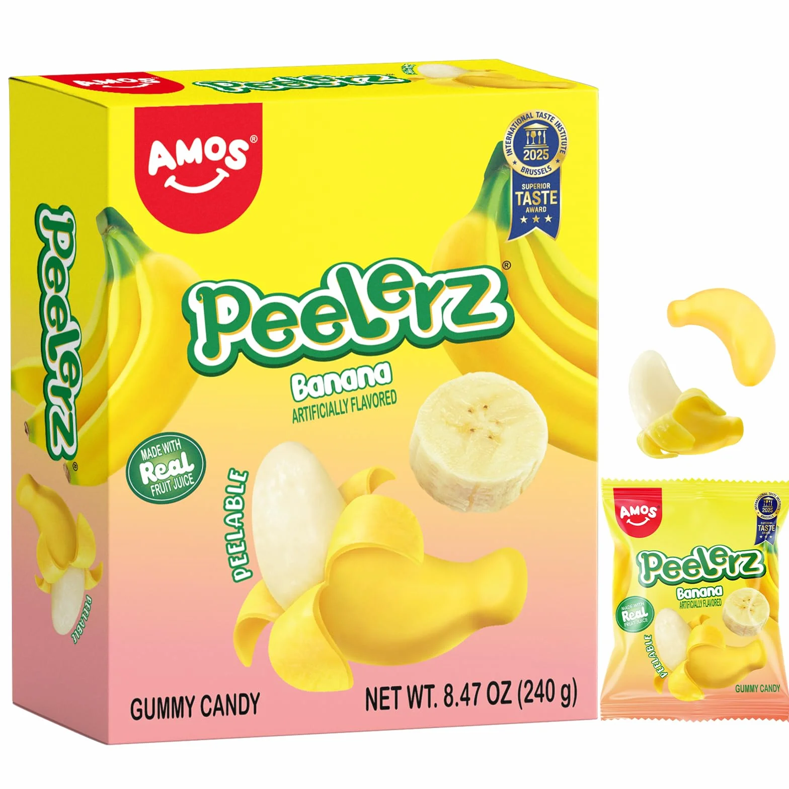 AMOS Peelerz Bonbons Gommeuse, Pâques Banana Banane Pelable 3D Bonbon Candy, Jus Fruits Véritables Fabriqués Bonbon Gommeuse Pour Célébrer Fête - Emballage Boîte 240G (Banane)