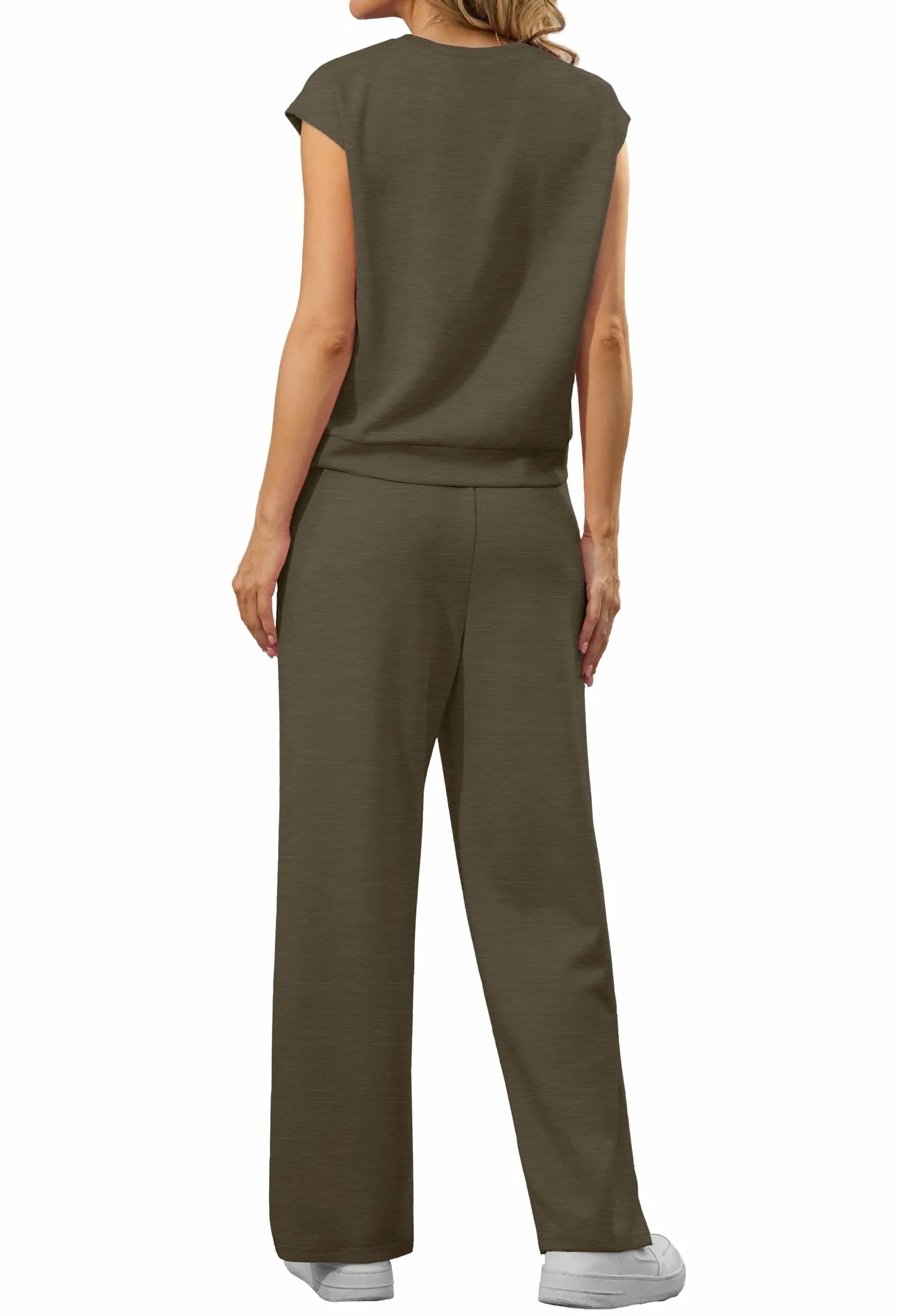 GRECERELLE Survêtement deux pièces Femmes Ensemble Casual Crew Neck Cap Sleeve Tops et Jogging avec Poches