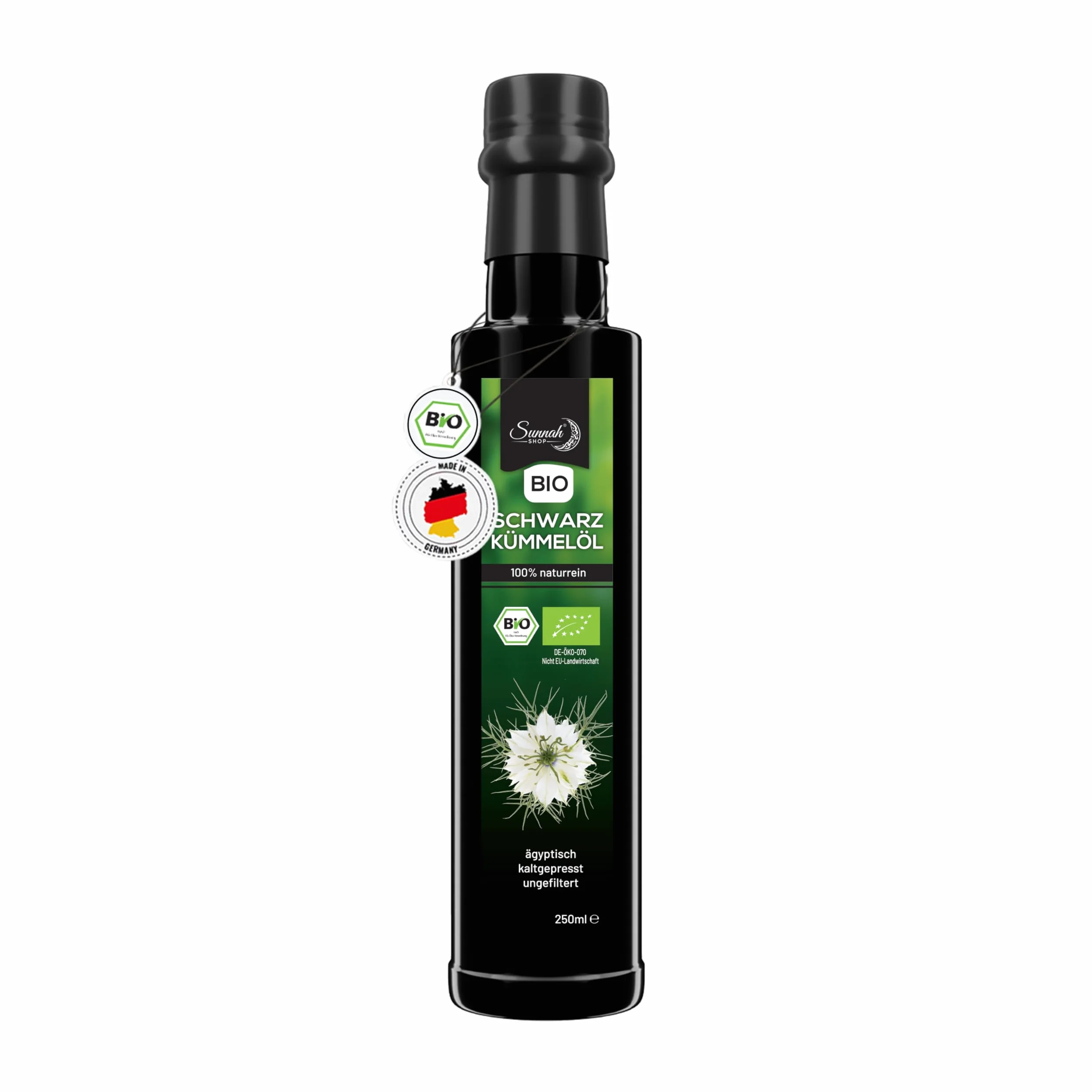 Sunnah Shop® huile de cumin noir biologique non filtrée pressée à froid 250 ml | Huile de Nigelle Bio | Nigella Sativa égyptienne 100% pure