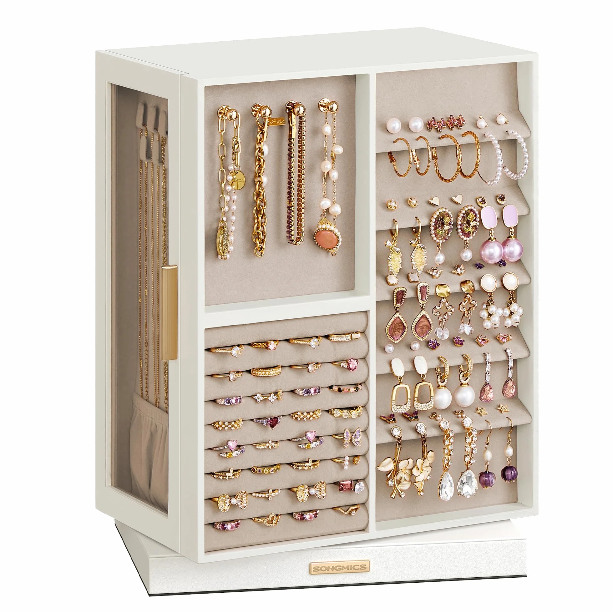 SONGMICS GISELLA Boîte à Bijoux Rotative 360° Coffret 7 Tiroirs Fenêtres en Verre Latérales Grand Rangement Blanc Nuage JBC201W01