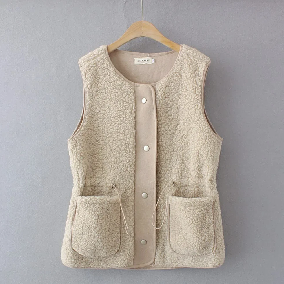 Doudoune Femme Sans Manches Polaire D'Agneau Veste Beige Col Rond Grande Taille Gilet Chaud Hiver
