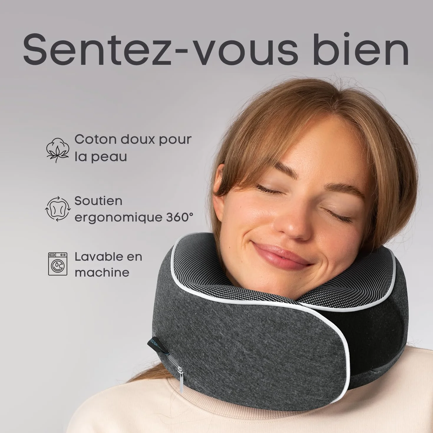 Coussin de Nuque Mousse à Mémoire de Forme Orthopédique pour Voyage Avion Voiture Train avec Masque Sommeil 3D Sac Maille Gris Foncé