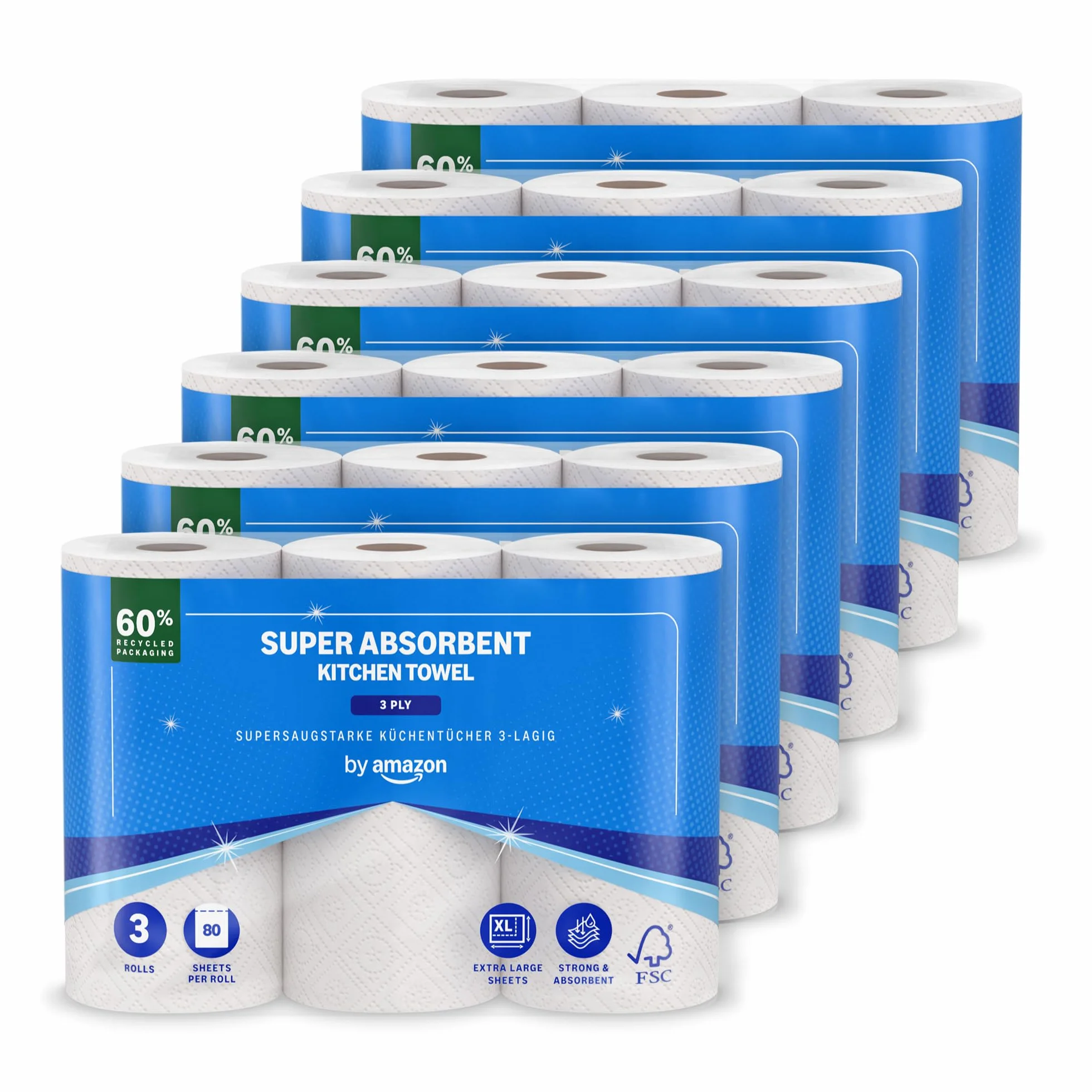 by Amazon Essuie-tout Super Absorbant, Triple Épaisseur, 18 Rouleaux (6 Paquets de 3), 80 Feuilles par Rouleau, Certifié FSC (Anciennement sous la Marque Presto!)