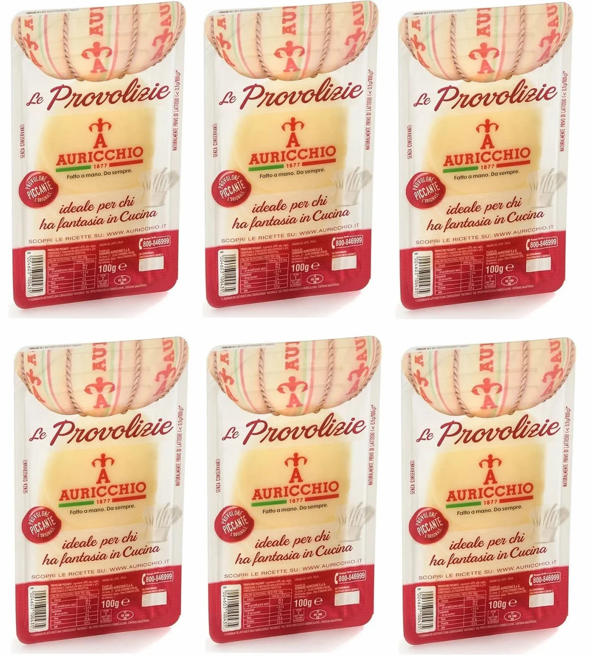 Auricchio Le Provolizie Provolone Piccante Lot de 6 fromages épicés en tranches avec lait 100 % italien 100 g