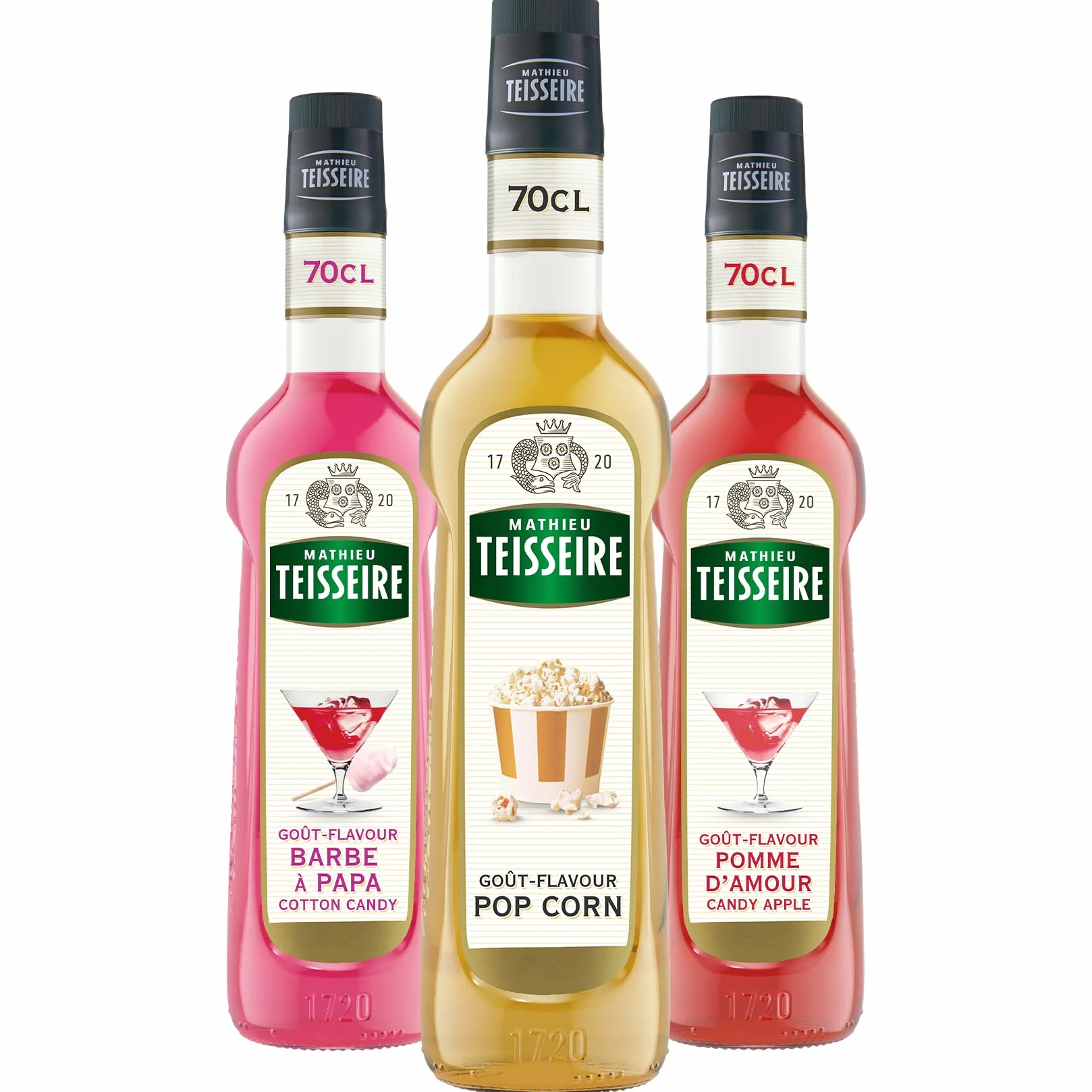 Mathieu Teisseire - Assortiment Fête Foraine : sirop de Pop corn, sirop de Barbe à papa, sirop de Pomme d'Amour pour boissons rafraichissantes, 3x70cl