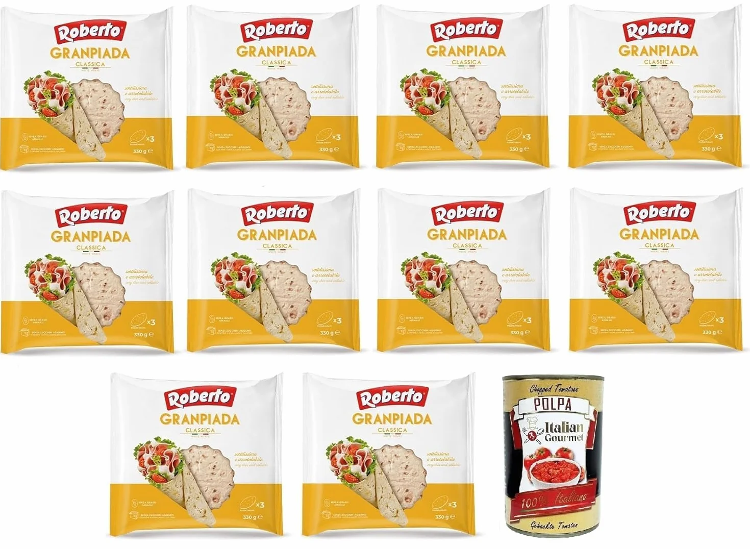 Italian Gourmet Bundle 10 x Piadine Wraps Classiques 330 g + Italian Gourmet Polpa, wraps italiens souples et roulables, 3 par paquet, sans graisses animales, sans sucres ajoutés