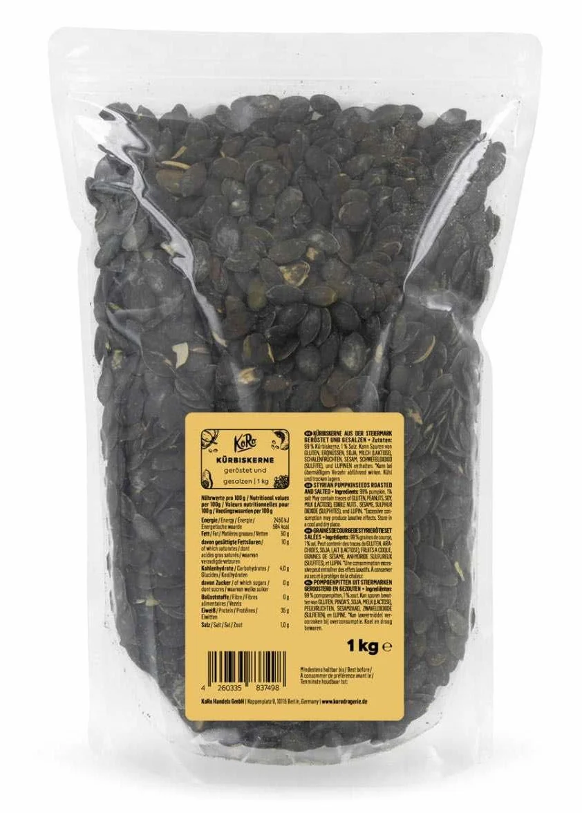 KoRo - Graines de courge de Styrie rôties et salées 1 kg - Graines de Styrie dans un paquet économique parfait comme snack ou sur la salade.