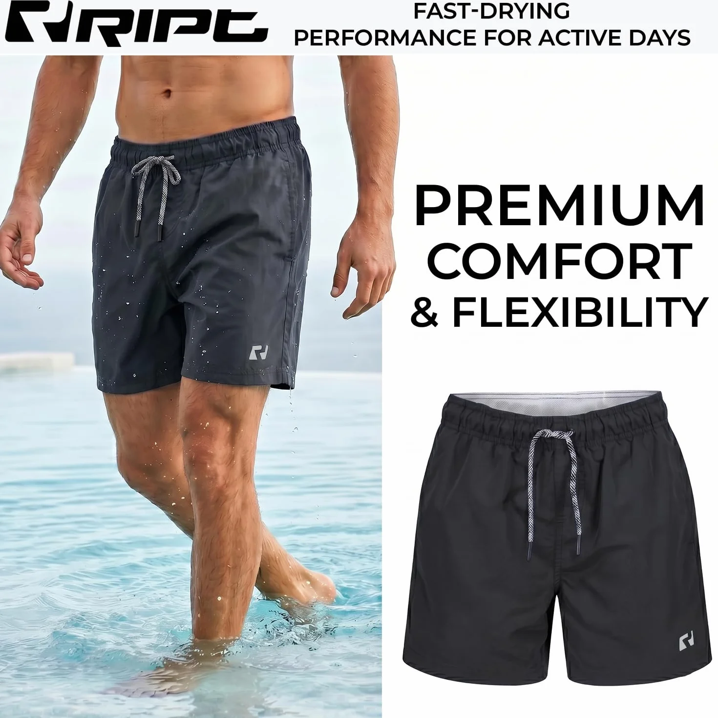 RIPT Short de Bain Homme Séchage Rapide Boardshort UV50 Doublure Mesh