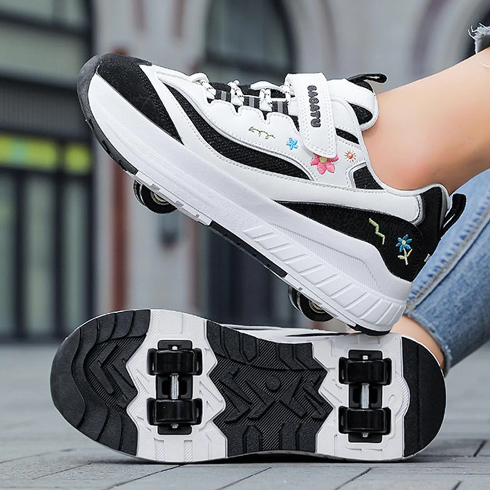 Surwin Chaussures Roulettes Enfant Fleur Broderie Basket 2 en 1 Sneakers Roller Respirant Skateboard