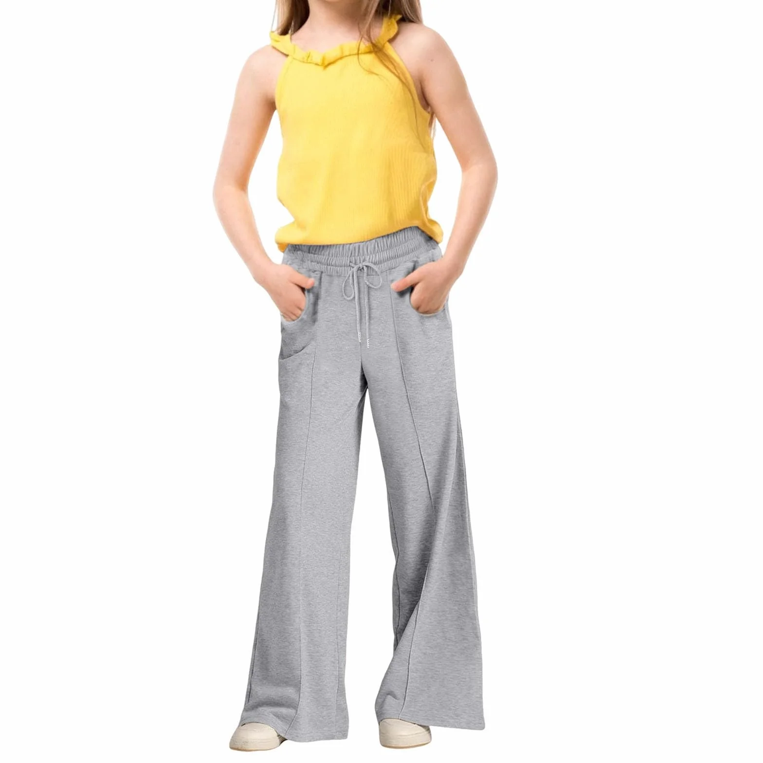 Pantalon de survêtement ample à jambe large taille haute pour adolescentes avec poches