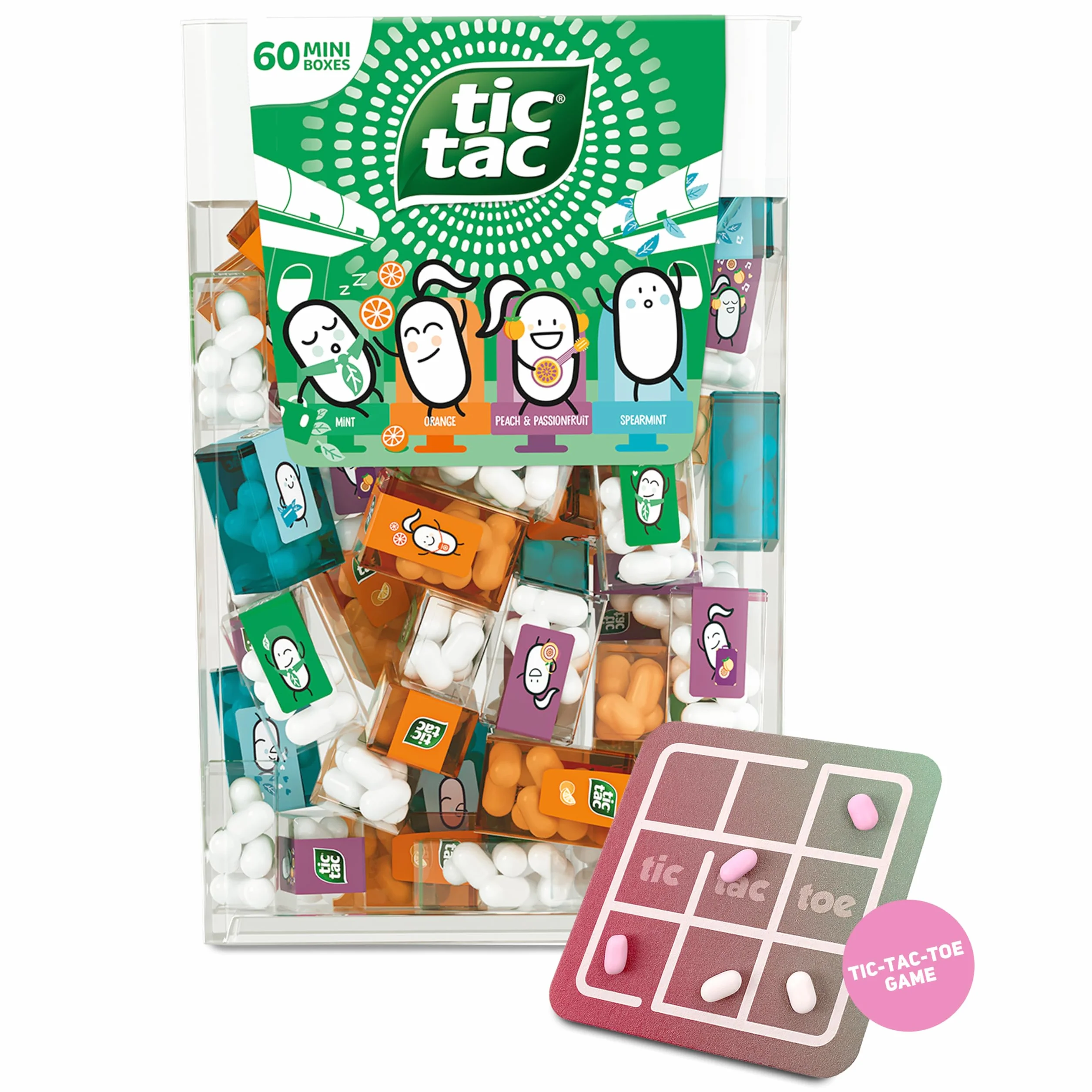 TicTacToe Travels Set de voyage - 60 mini-boîtes de 3,8 g, aux goûts variés, avec jeu TicTacToe - Mini bonbons, idéal pour les anniversaires d'enfants, cadeaux d'accompagnement & publicitaires