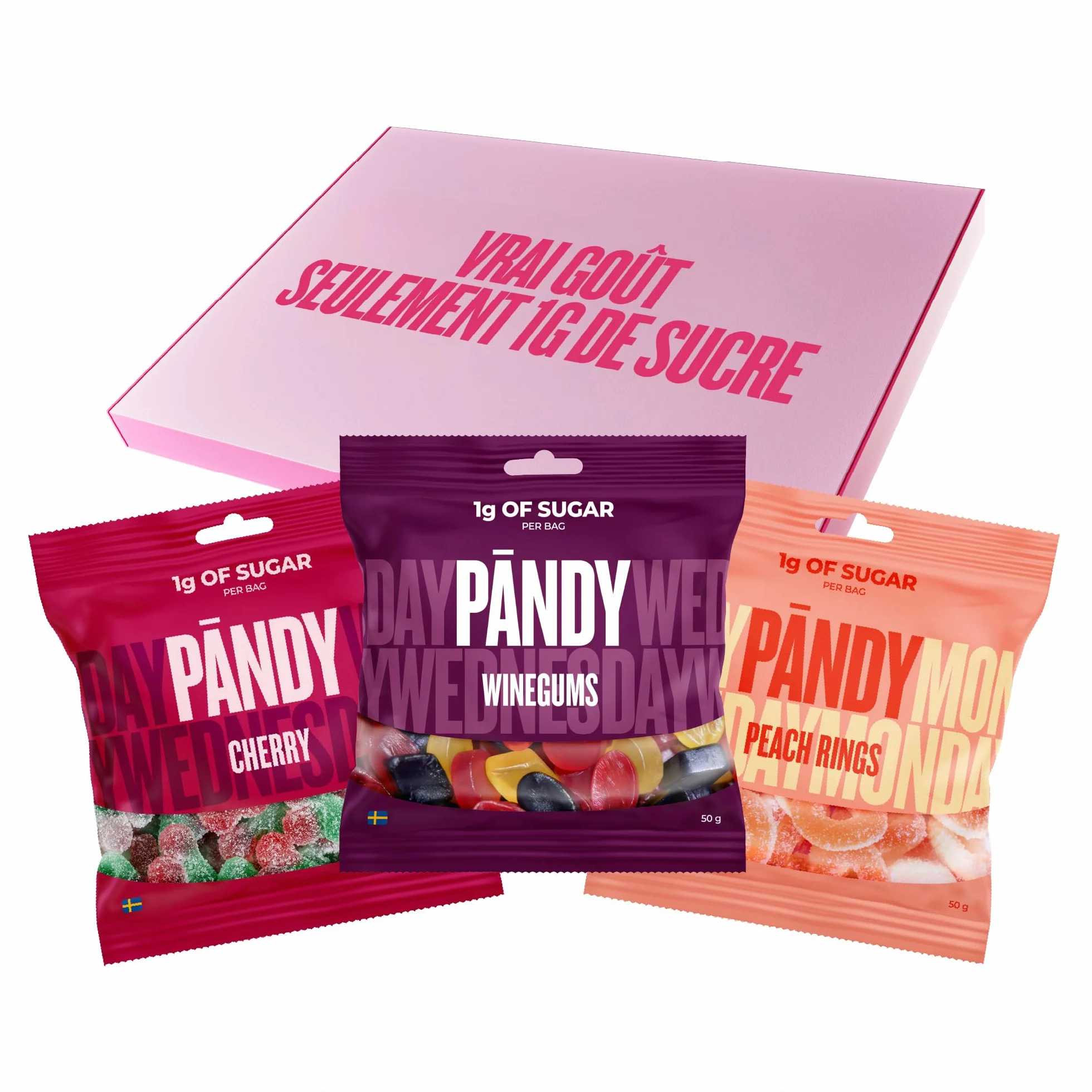 PÄNDY, bonbons sans sucre avec 100% de goût, 3x 50g (Winegums, Peach Rings, Cherry), gommes moelleuses moins de 1g sucre, 70 kcal et riches en fibres par sachet, sans gluten, low carb, faits en Suède