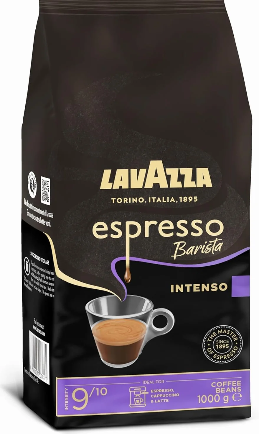 Lavazza, Espresso Barista Intenso, Café en Grains, 1 Kg, Idéal pour les Machines à Café Automatiques, Notes Aromatiques de Cacao et Boisées, Intensité 9/10, Torréfaction Moyenne