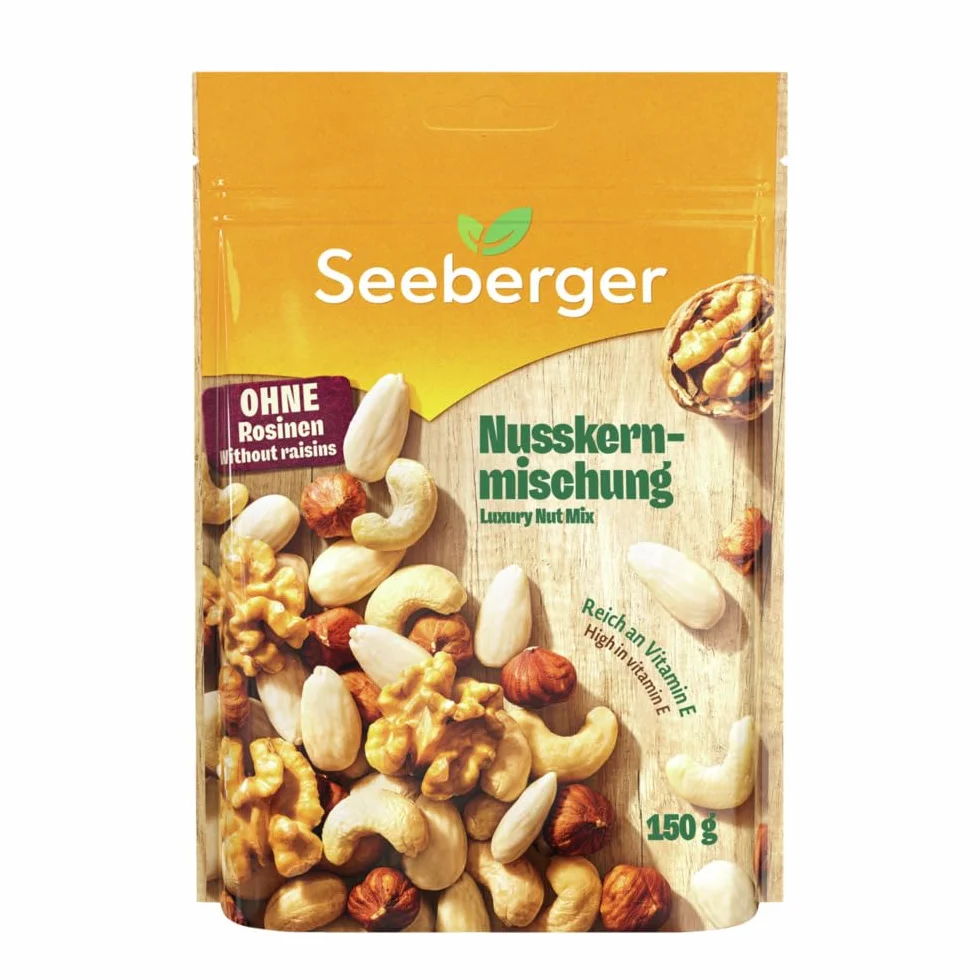 Seeberger Mélange de noix : Mix pur de noix composé de noisettes décortiquées croquantes, amandes, noix et noix de cajou - arôme de noix intense - non grillé, sans gluten (1 x 150 g)